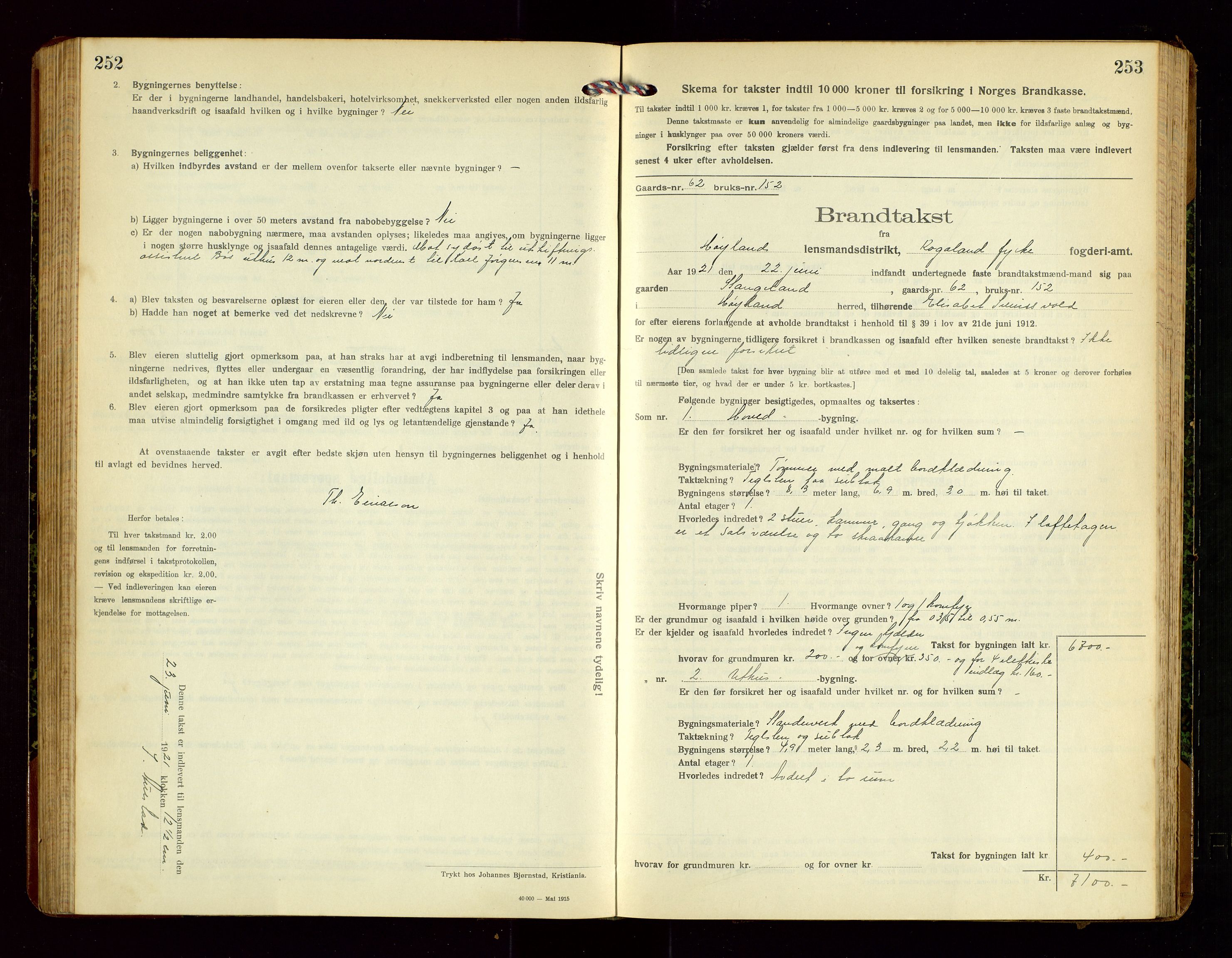Høyland/Sandnes lensmannskontor, AV/SAST-A-100166/Gob/L0003: "Brandtakstprotokol", 1918-1924, p. 252-253