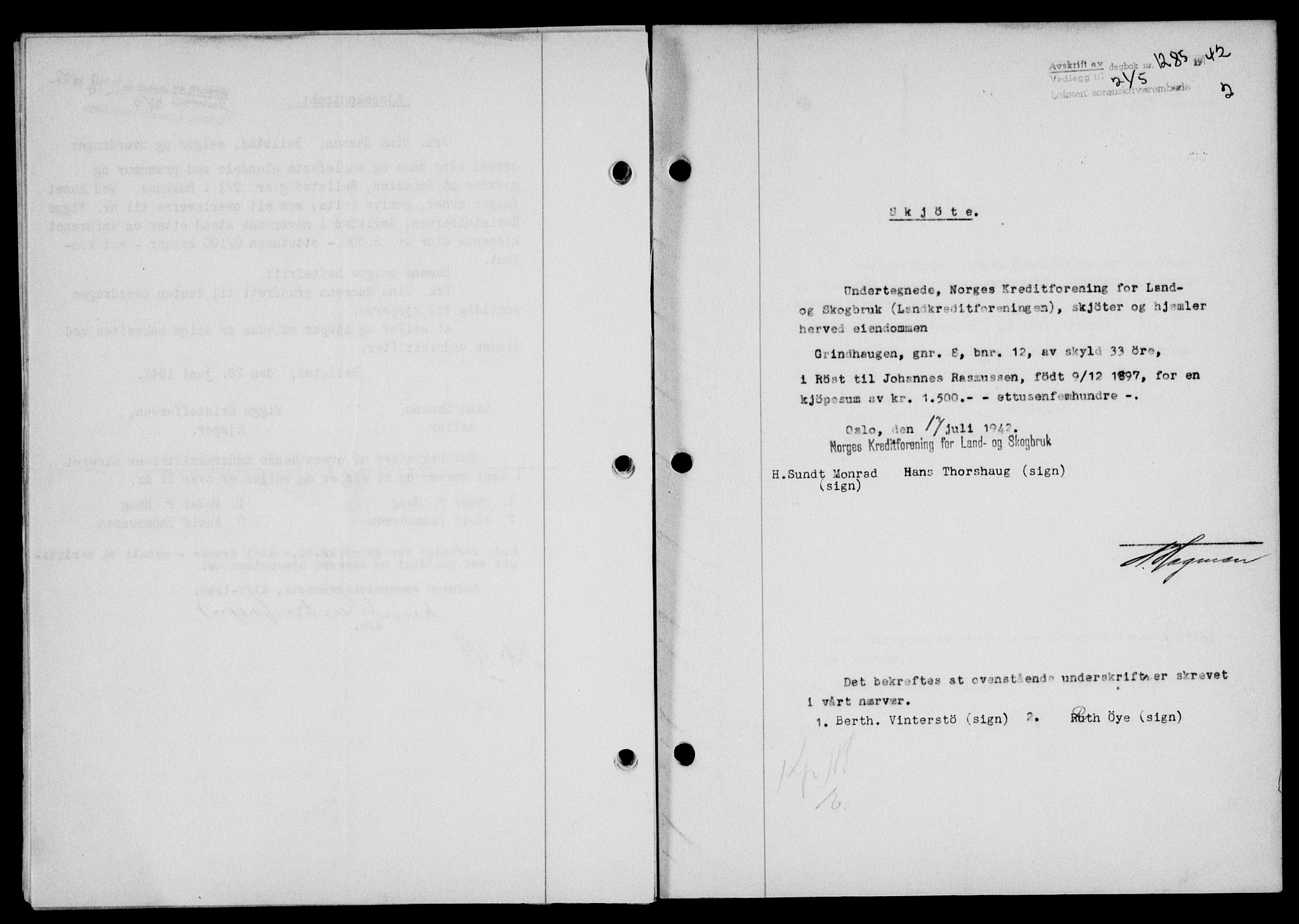 Lofoten sorenskriveri, SAT/A-0017/1/2/2C/L0010a: Mortgage book no. 10a, 1942-1943, Diary no: : 1285/1942