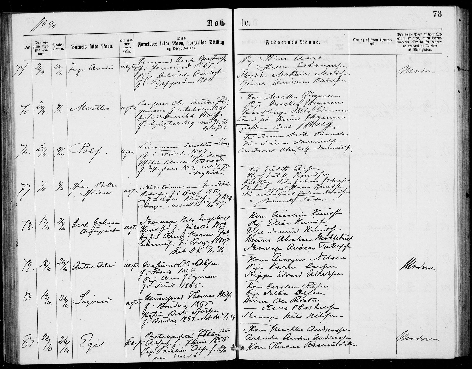 Fødselsstiftelsens sokneprestembete, ført av overlegen*, SAB/-: Parish register (official) no. A 2, 1884-1900, p. 73