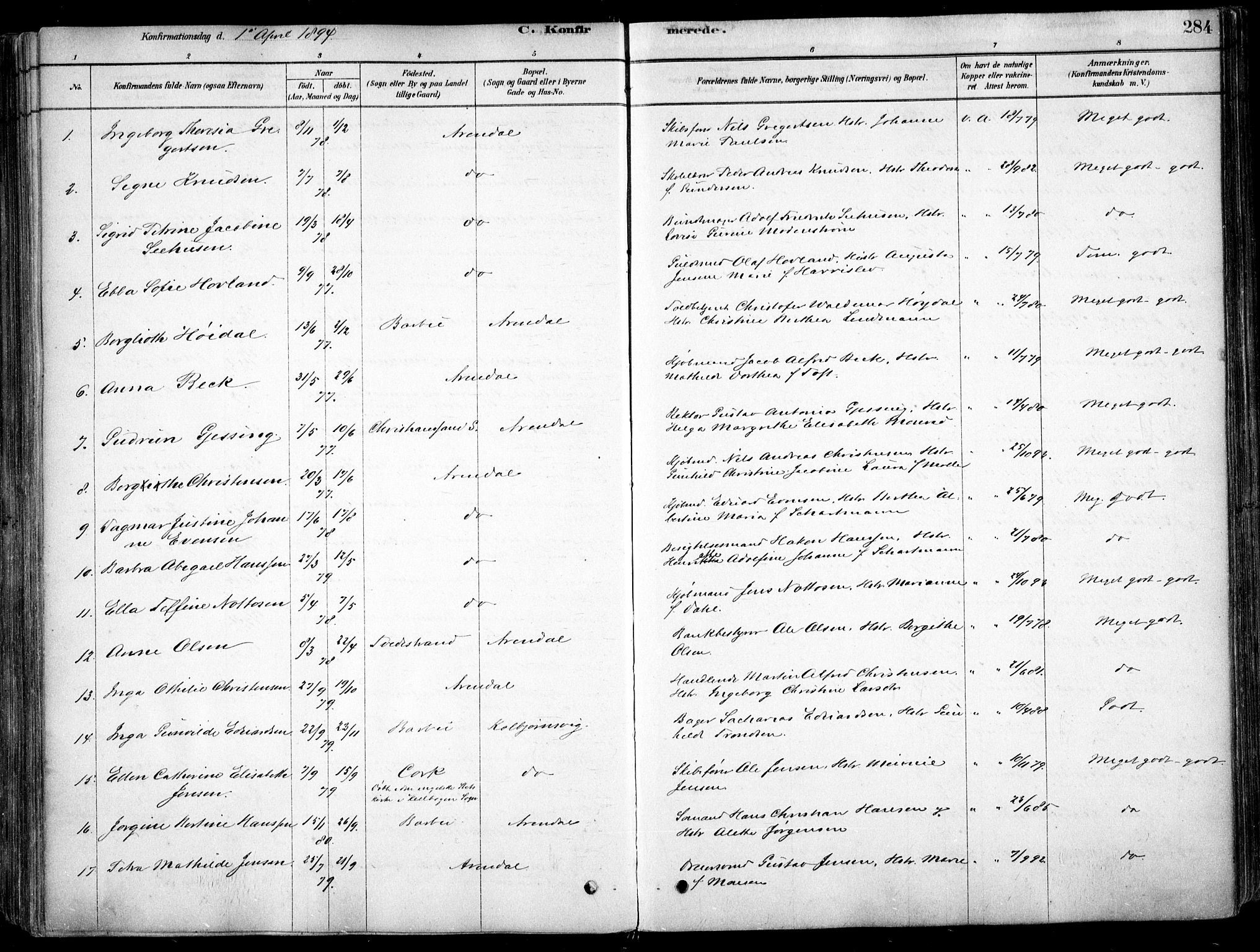 Arendal sokneprestkontor, Trefoldighet, AV/SAK-1111-0040/F/Fa/L0008: Parish register (official) no. A 8, 1878-1899, p. 284