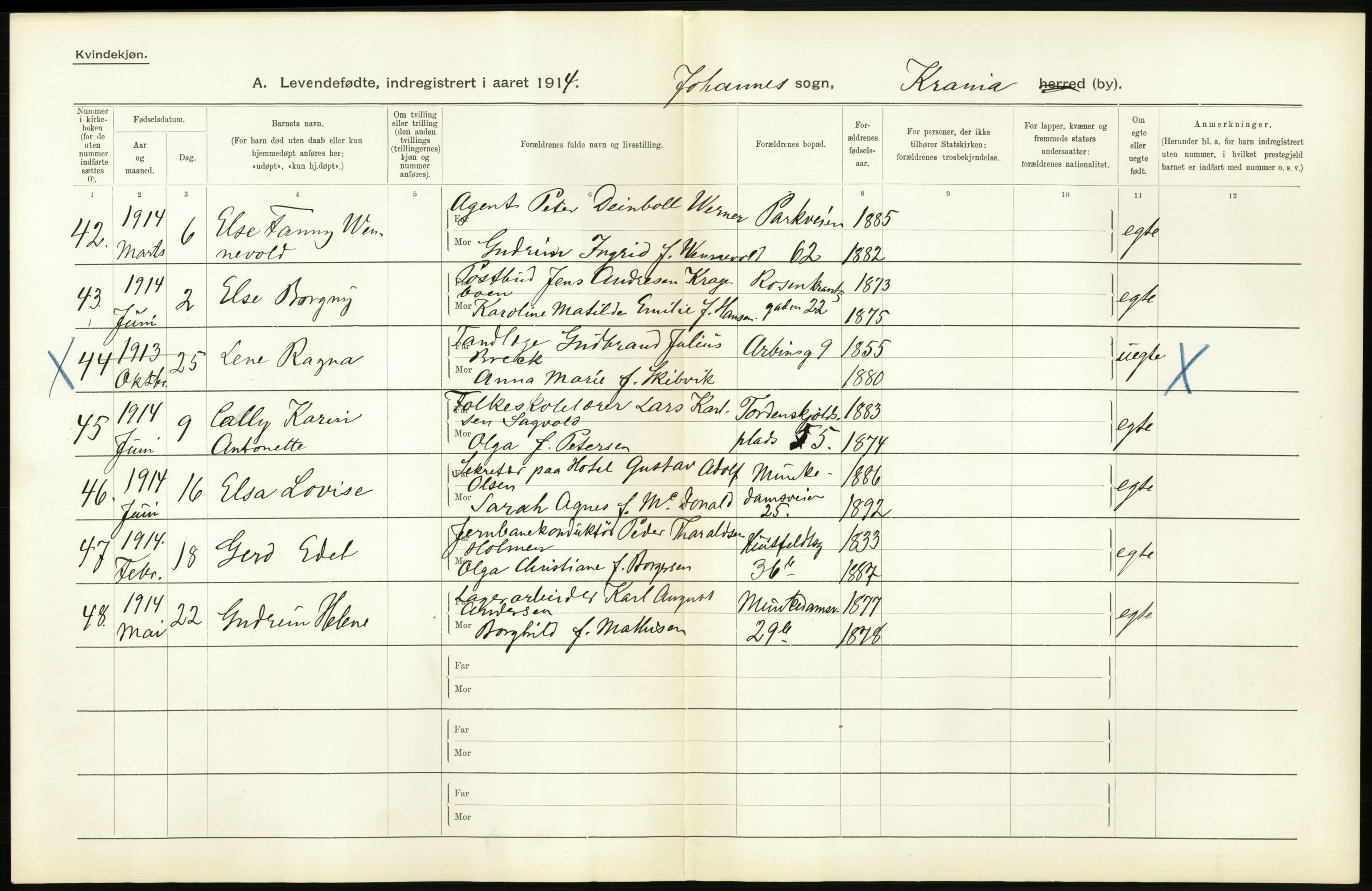 Statistisk sentralbyrå, Sosiodemografiske emner, Befolkning, AV/RA-S-2228/D/Df/Dfb/Dfbd/L0006: Kristiania: Levendefødte menn og kvinner., 1914, p. 32