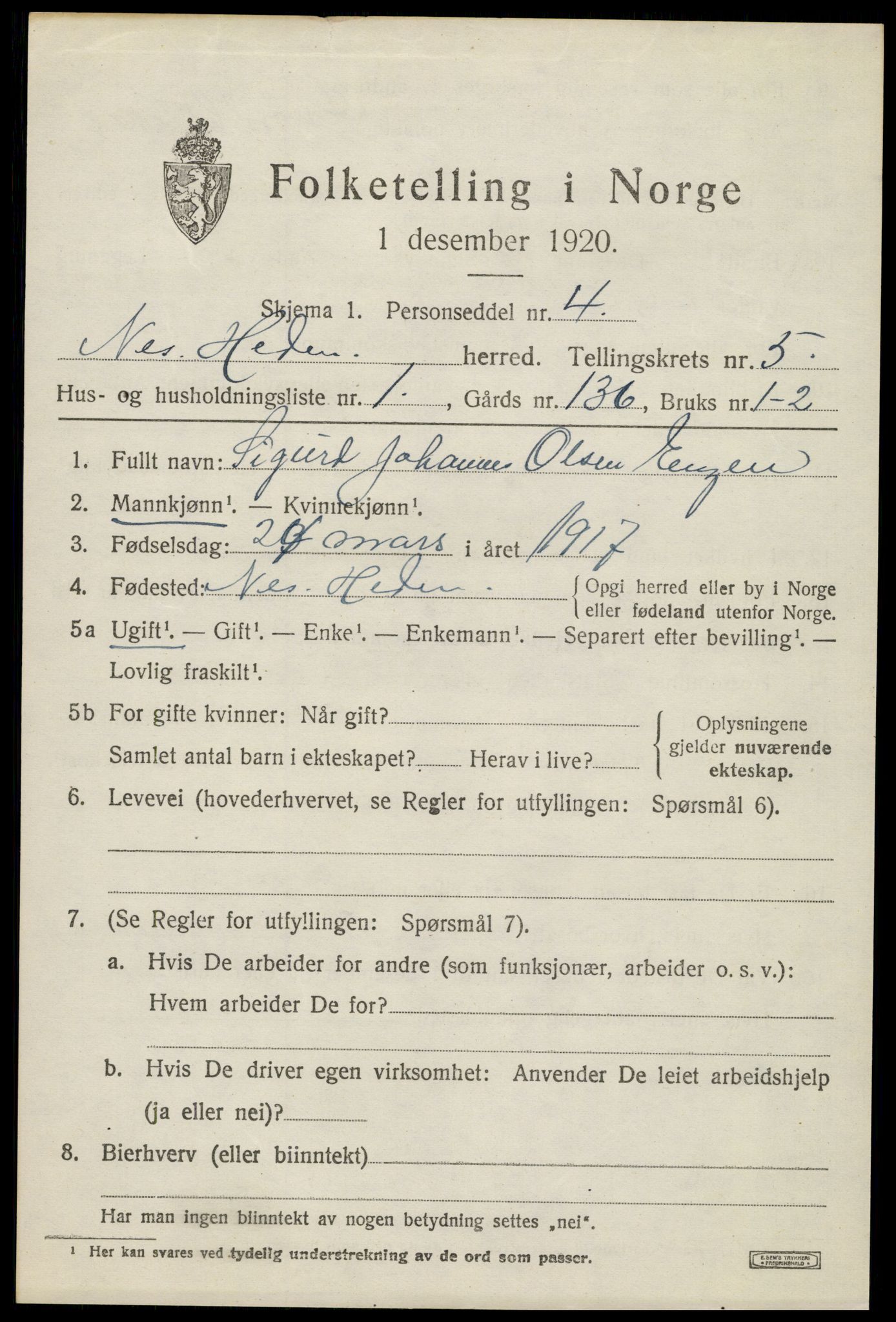 SAH, 1920 census for Nes (Hedmark), 1920, p. 6644