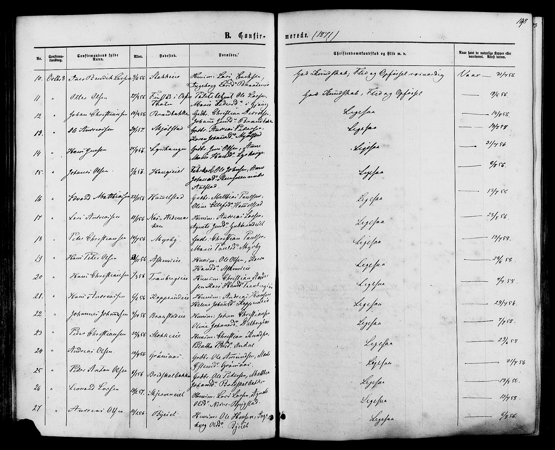 Vardal prestekontor, SAH/PREST-100/H/Ha/Haa/L0007: Parish register (official) no. 7, 1867-1878, p. 178