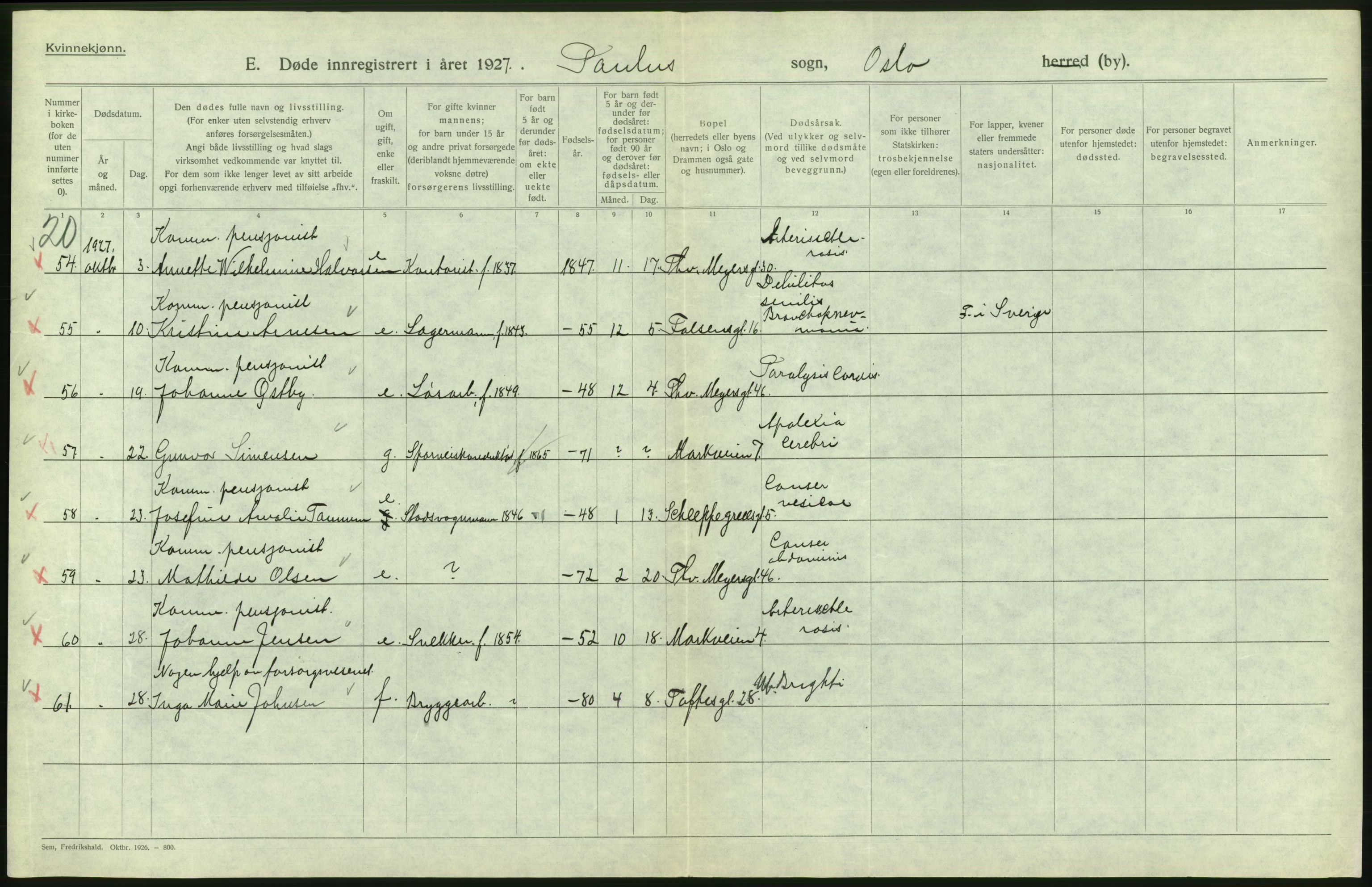 Statistisk sentralbyrå, Sosiodemografiske emner, Befolkning, AV/RA-S-2228/D/Df/Dfc/Dfcg/L0010: Oslo: Døde kvinner, dødfødte, 1927, p. 446