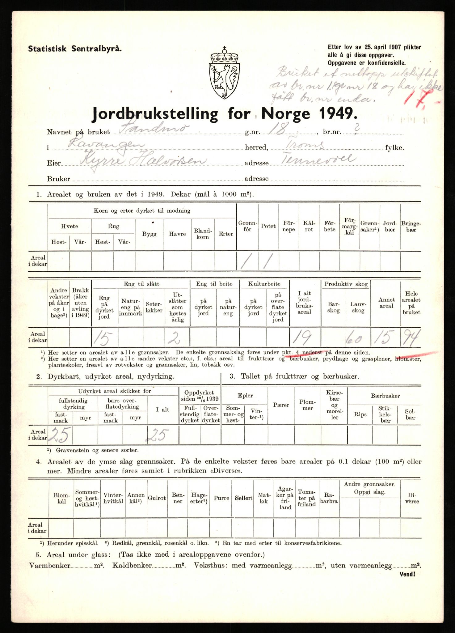 Statistisk sentralbyrå, Næringsøkonomiske emner, Jordbruk, skogbruk, jakt, fiske og fangst, AV/RA-S-2234/G/Gc/L0437: Troms: Gratangen og Lavangen, 1949, p. 106