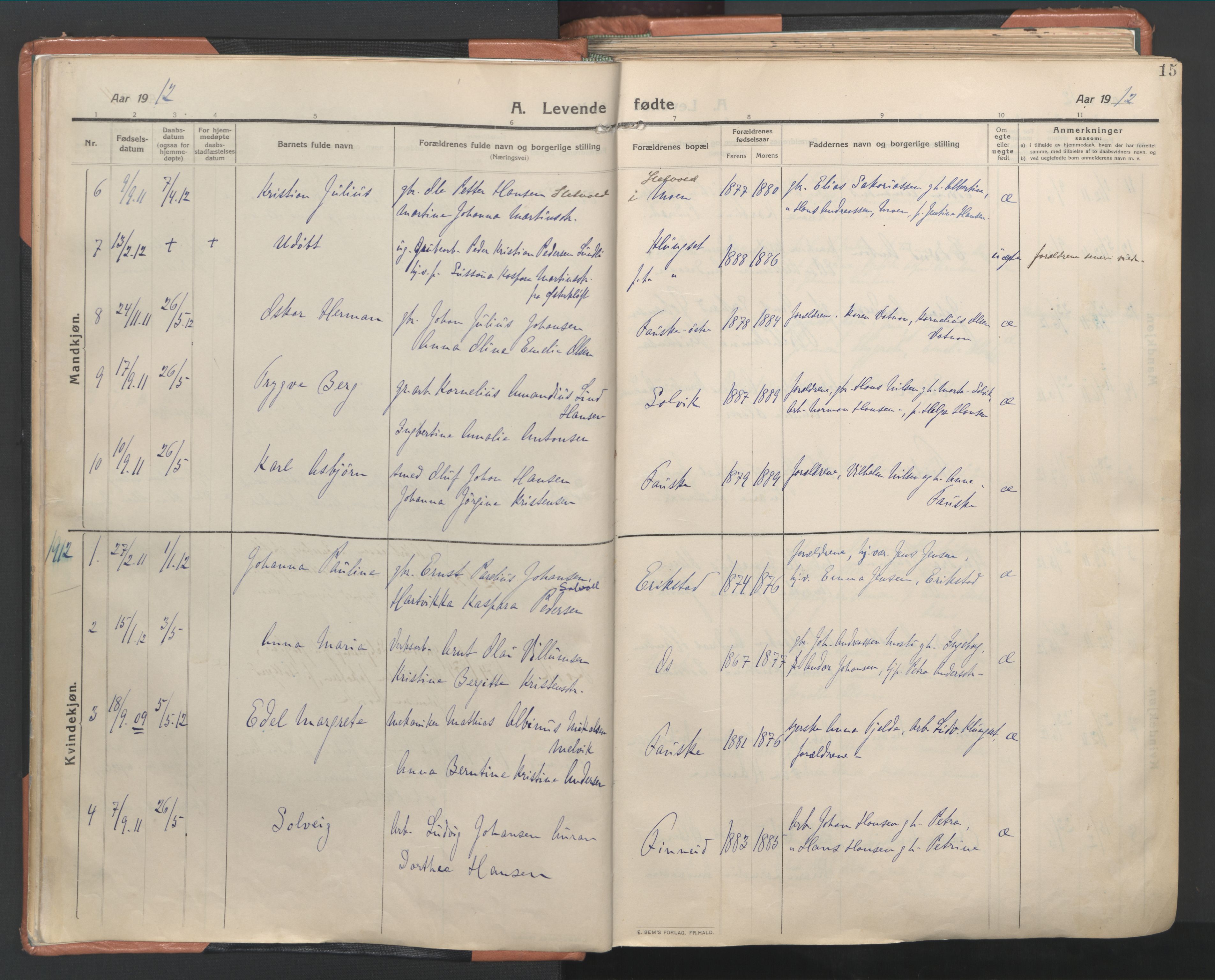 Ministerialprotokoller, klokkerbøker og fødselsregistre - Nordland, AV/SAT-A-1459/849/L0698: Parish register (official) no. 849A09, 1911-1924, p. 15