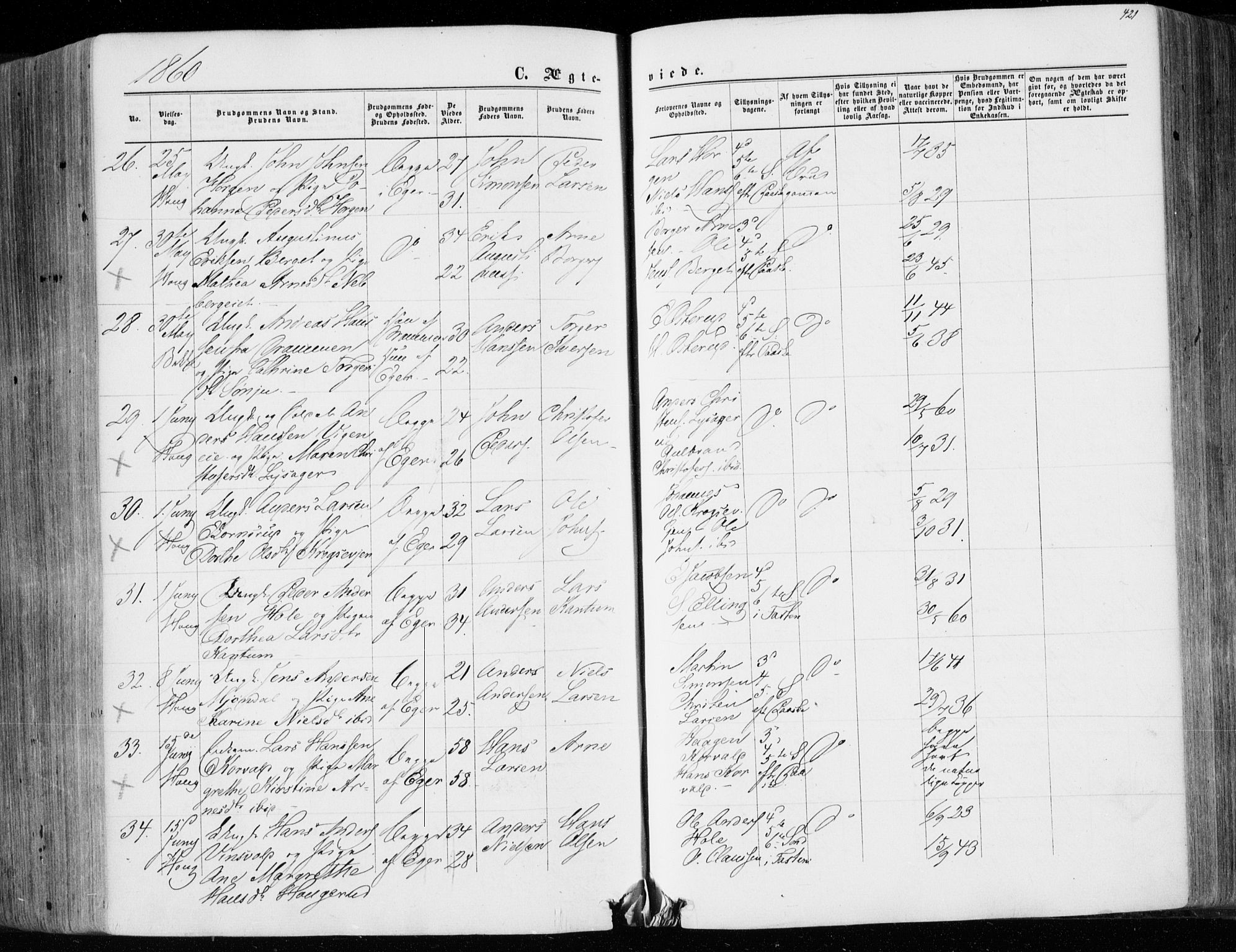 Eiker kirkebøker, SAKO/A-4/F/Fa/L0016: Parish register (official) no. I 16, 1860-1868, p. 421