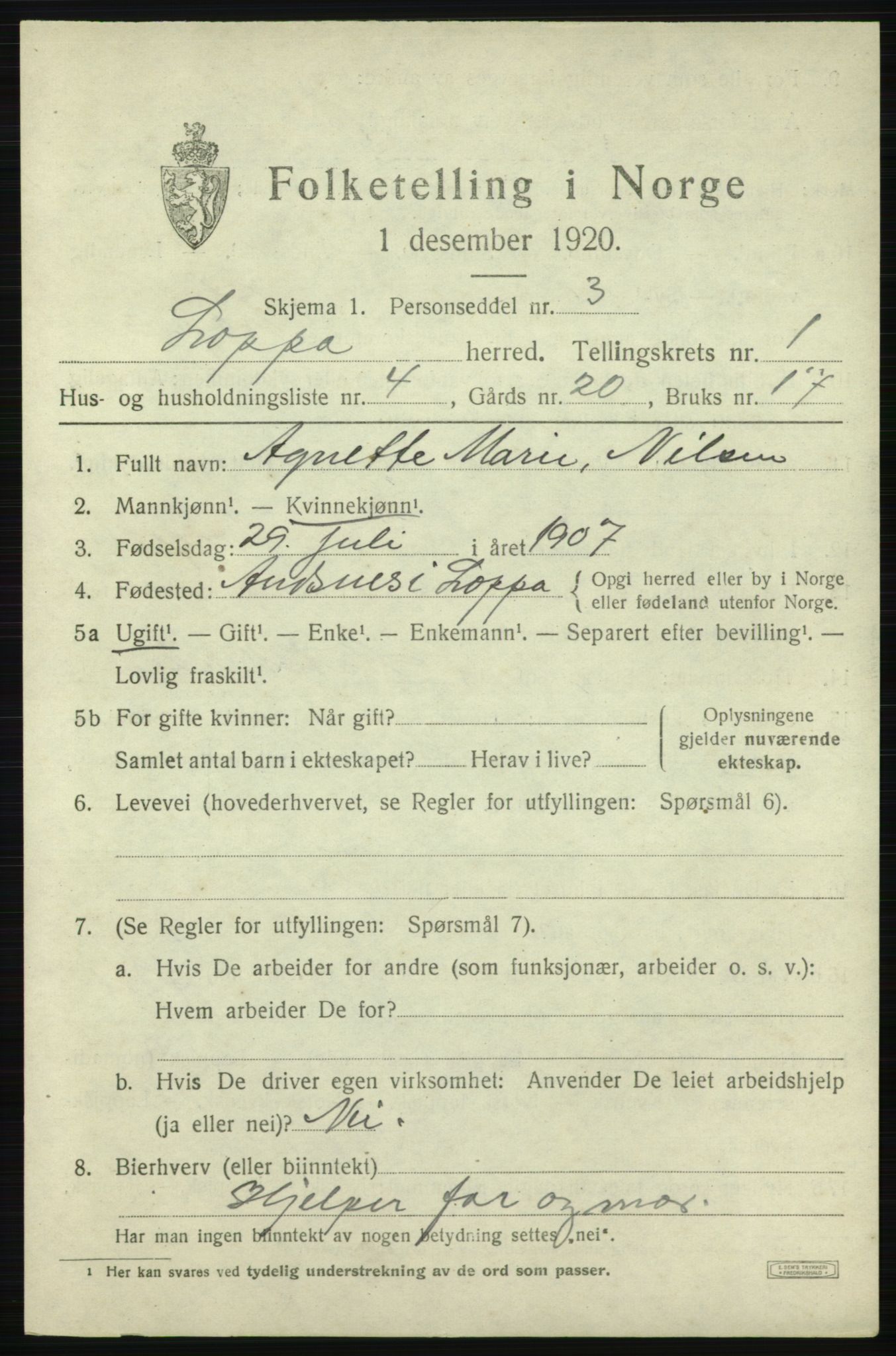SATØ, 1920 census for Loppa, 1920, p. 670