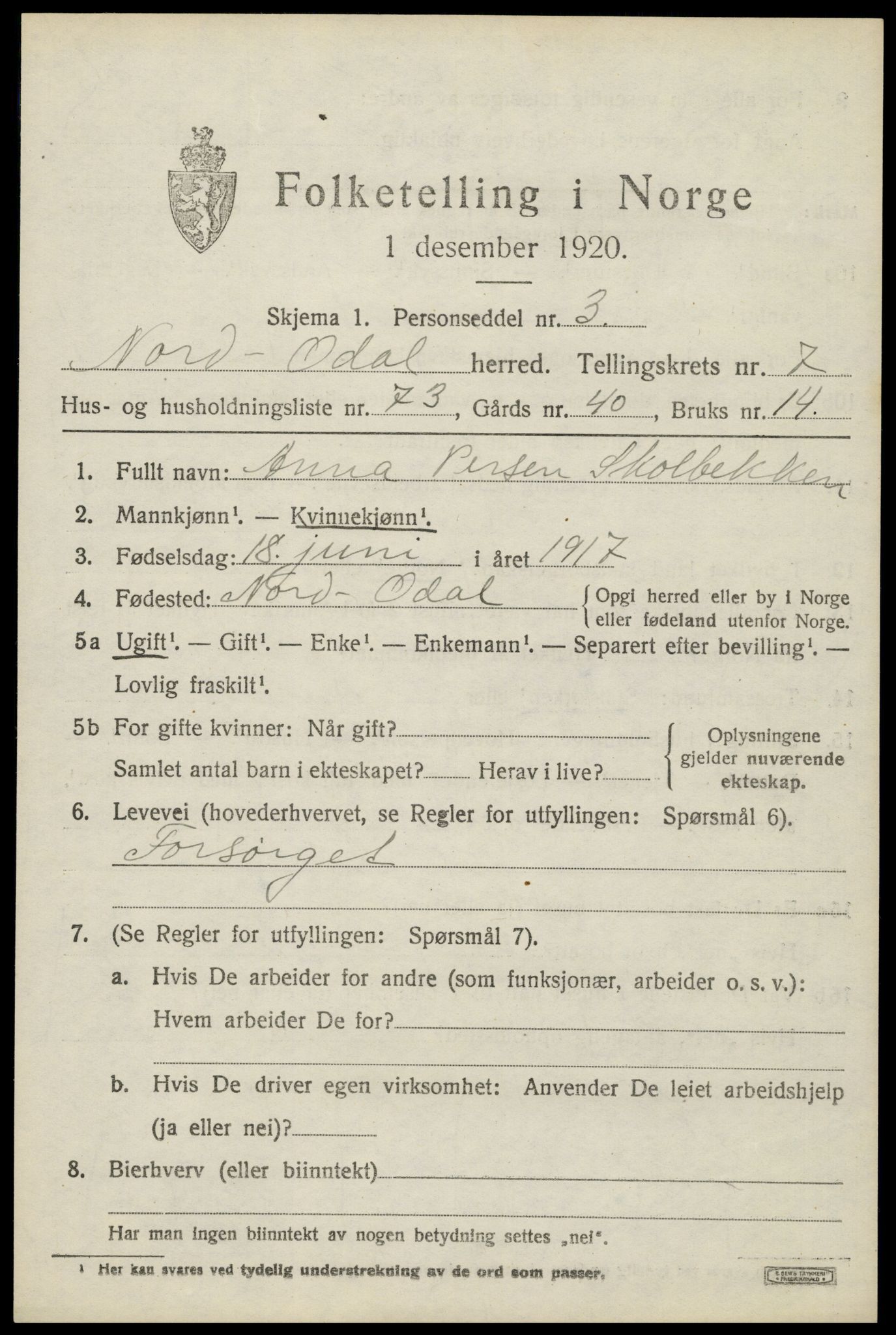 SAH, 1920 census for Nord-Odal, 1920, p. 7947