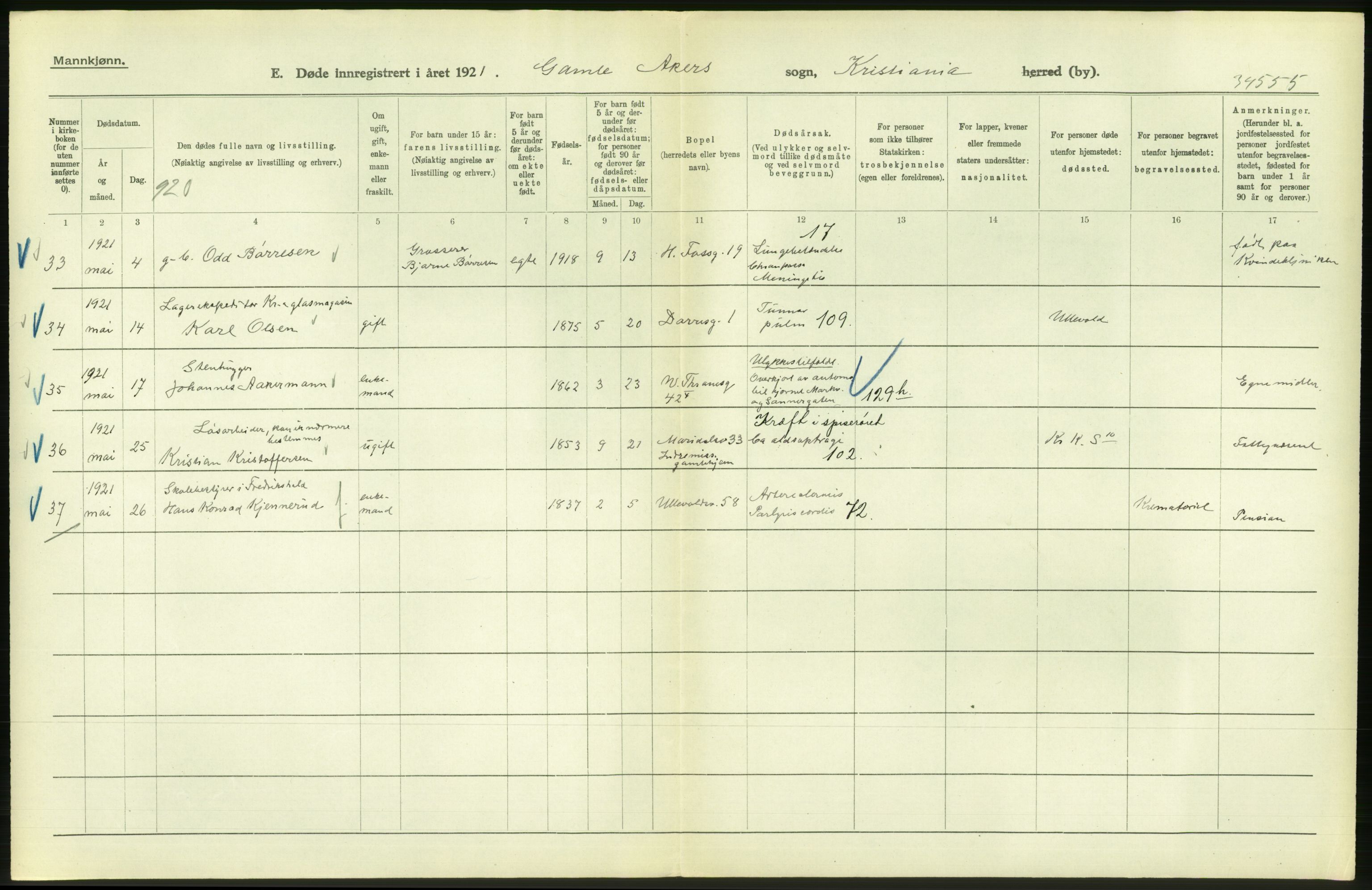 Statistisk sentralbyrå, Sosiodemografiske emner, Befolkning, AV/RA-S-2228/D/Df/Dfc/Dfca/L0012: Kristiania: Døde, 1921, p. 14