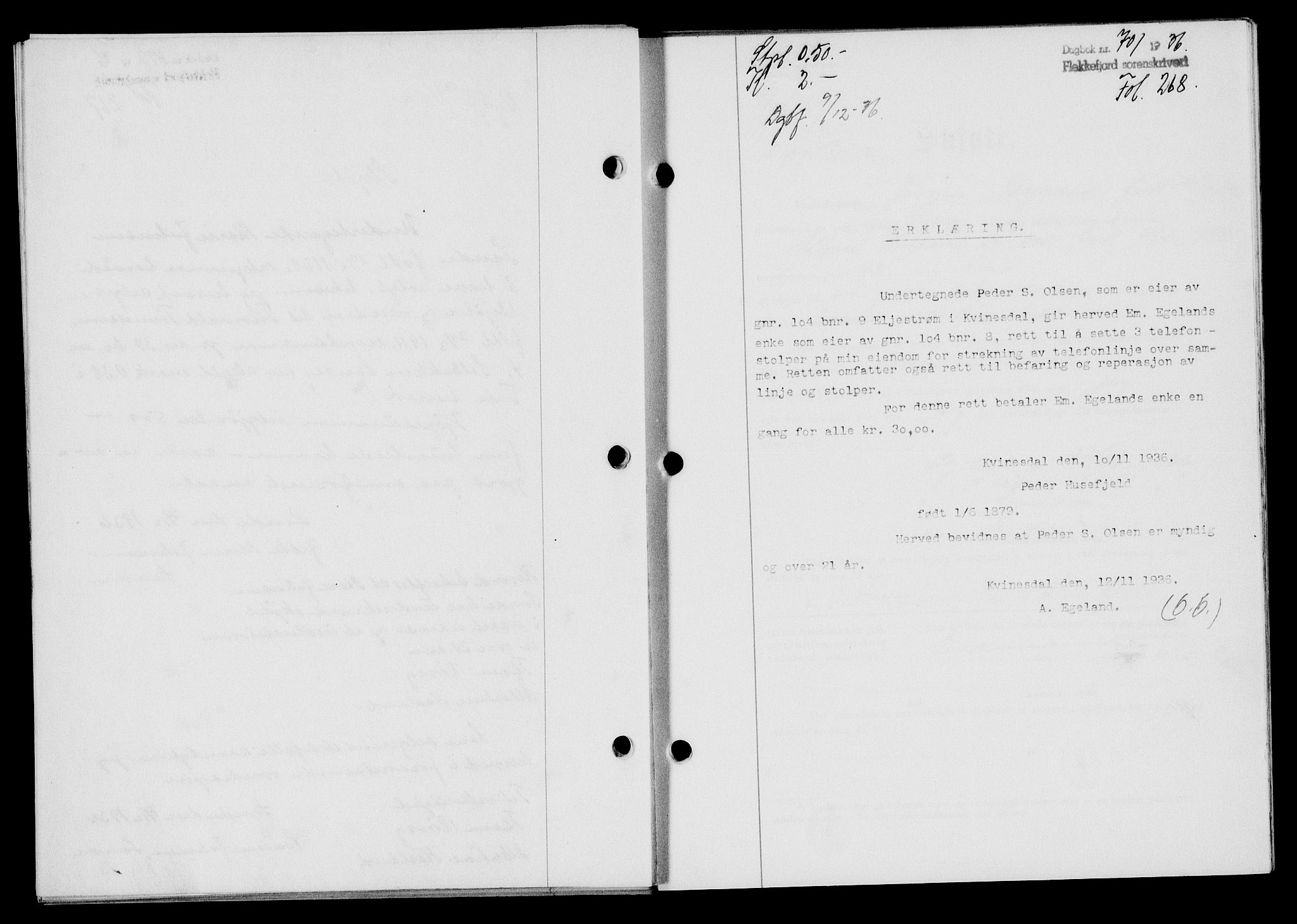 Flekkefjord sorenskriveri, SAK/1221-0001/G/Gb/Gba/L0053: Mortgage book no. A-1, 1936-1937, Diary no: : 701/1936