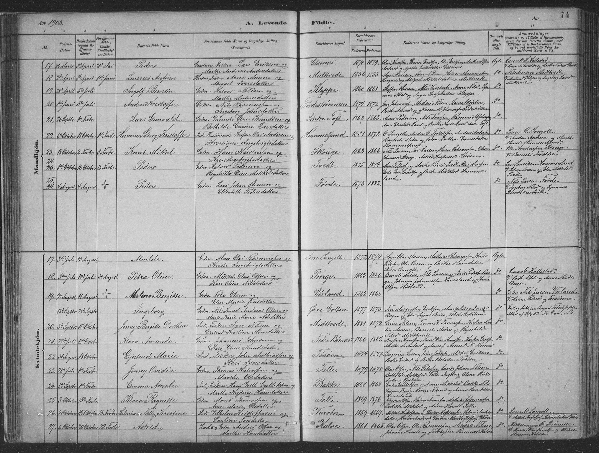 Sund sokneprestembete, SAB/A-99930: Parish register (copy) no. B 3, 1882-1911, p. 74