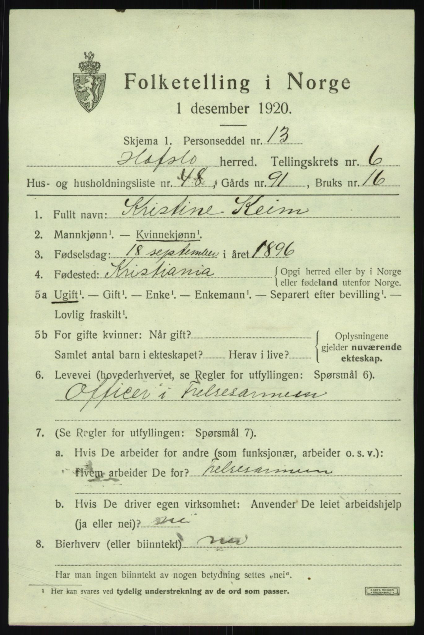 SAB, 1920 census for Hafslo, 1920, p. 5086