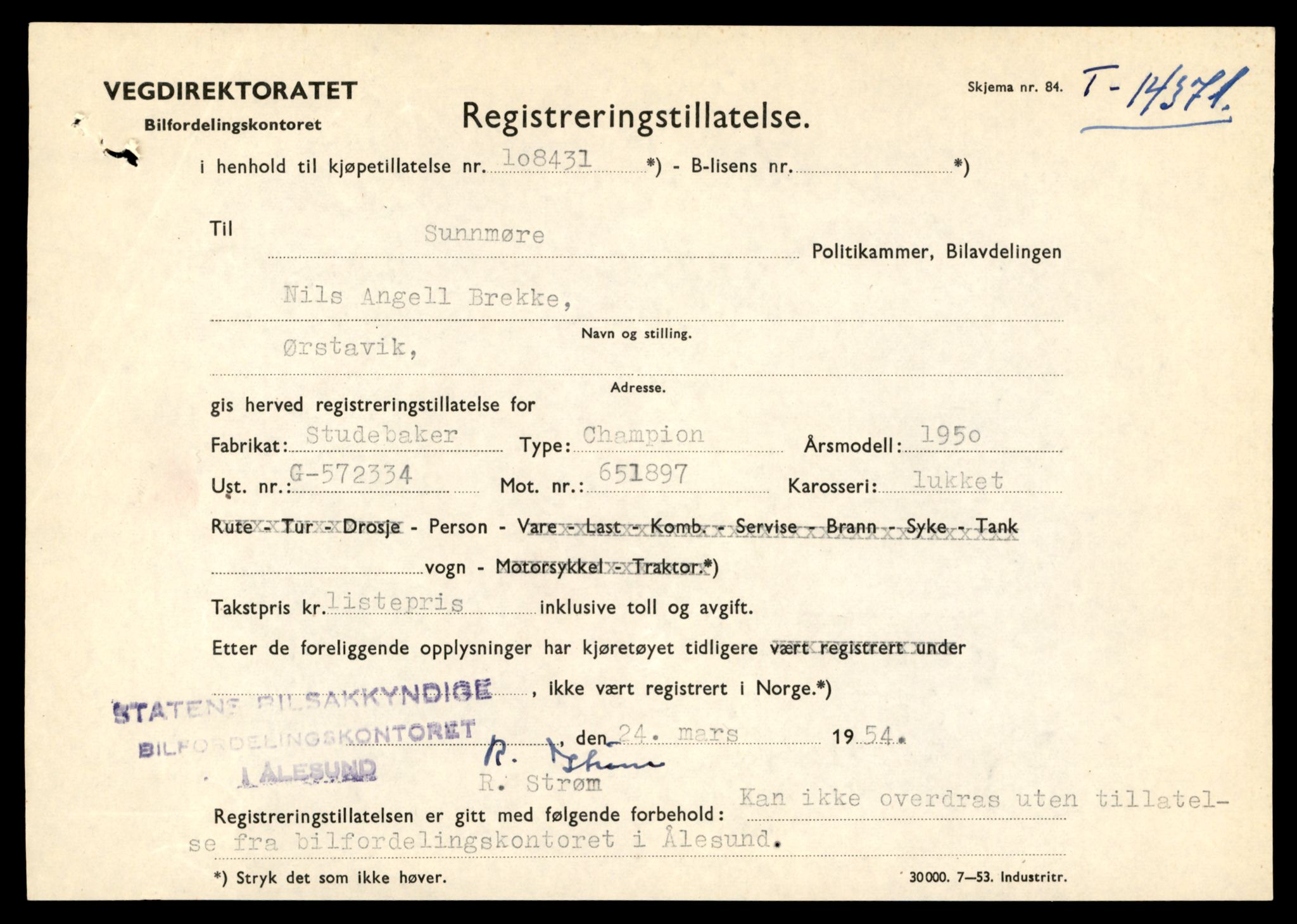 Møre og Romsdal vegkontor - Ålesund trafikkstasjon, AV/SAT-A-4099/F/Fe/L0045: Registreringskort for kjøretøy T 14320 - T 14444, 1927-1998, p. 1377