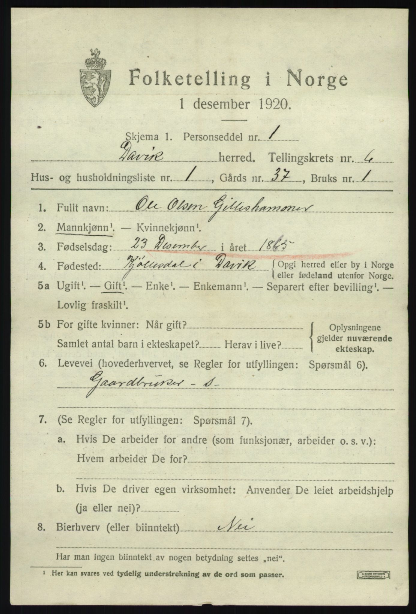 SAB, 1920 census for Davik, 1920, p. 3331