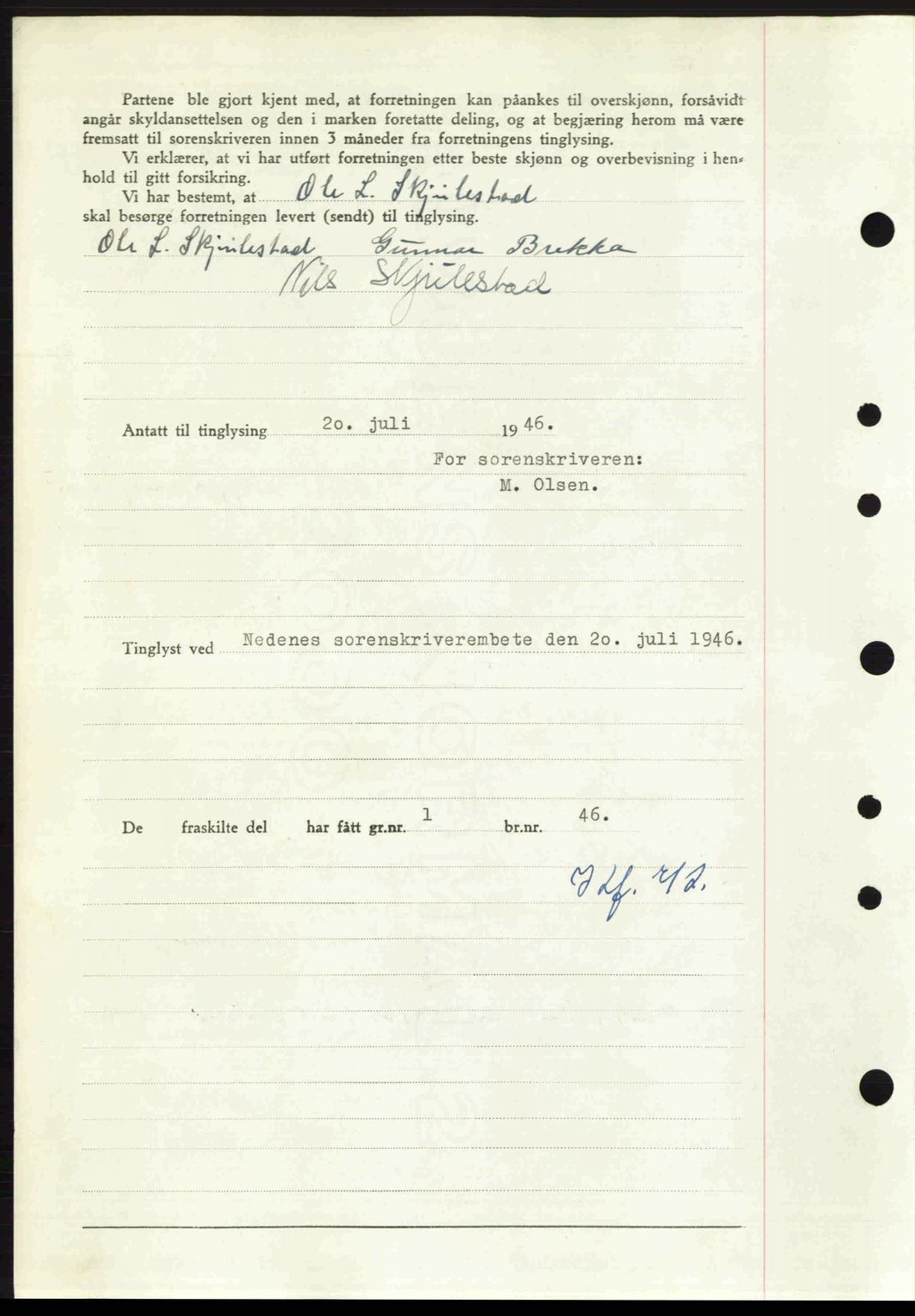 Nedenes sorenskriveri, AV/SAK-1221-0006/G/Gb/Gba/L0055: Mortgage book no. A7, 1946-1946, Diary no: : 805/1946