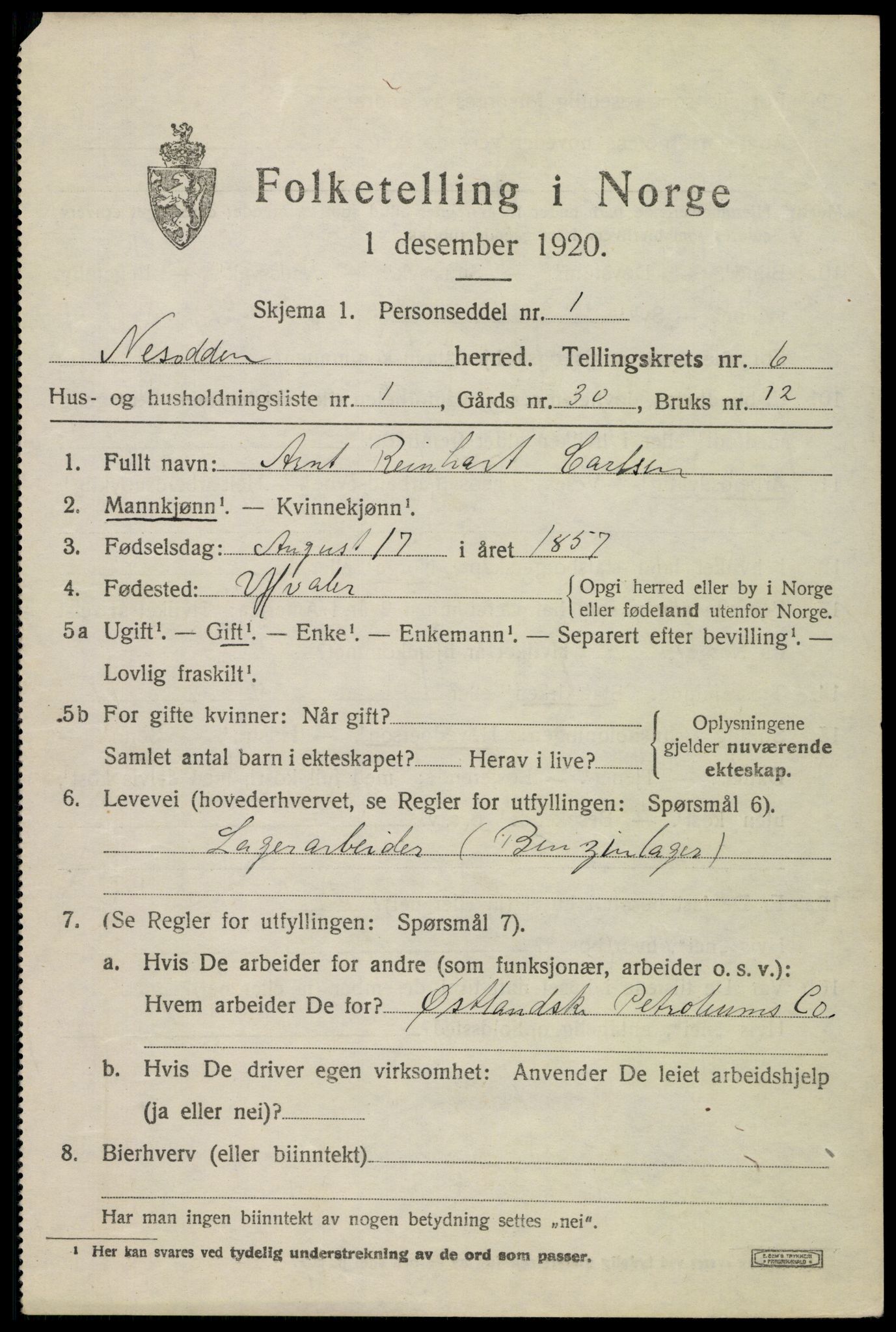 SAO, 1920 census for Nesodden, 1920, p. 5347