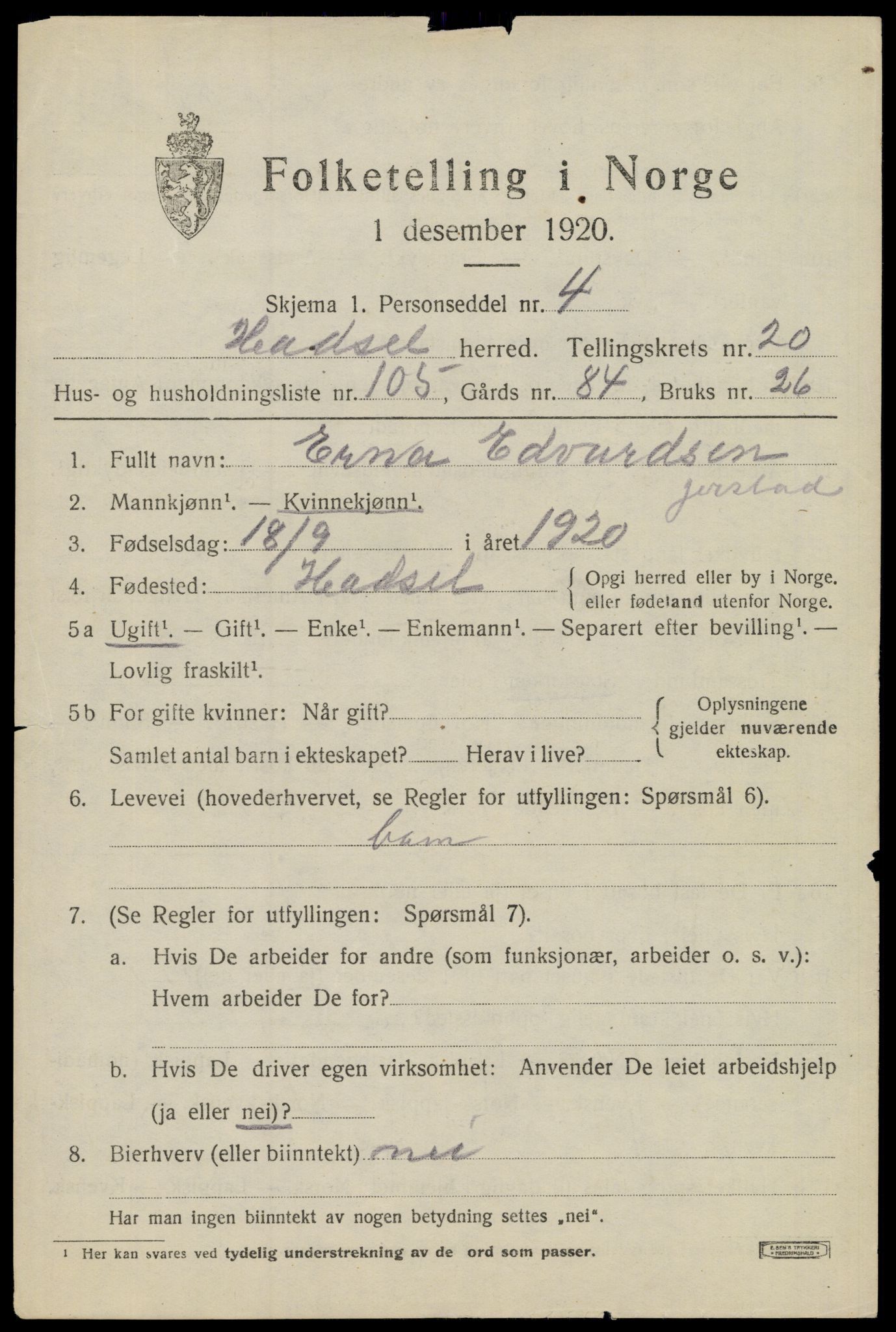 SAT, 1920 census for Hadsel, 1920, p. 19450