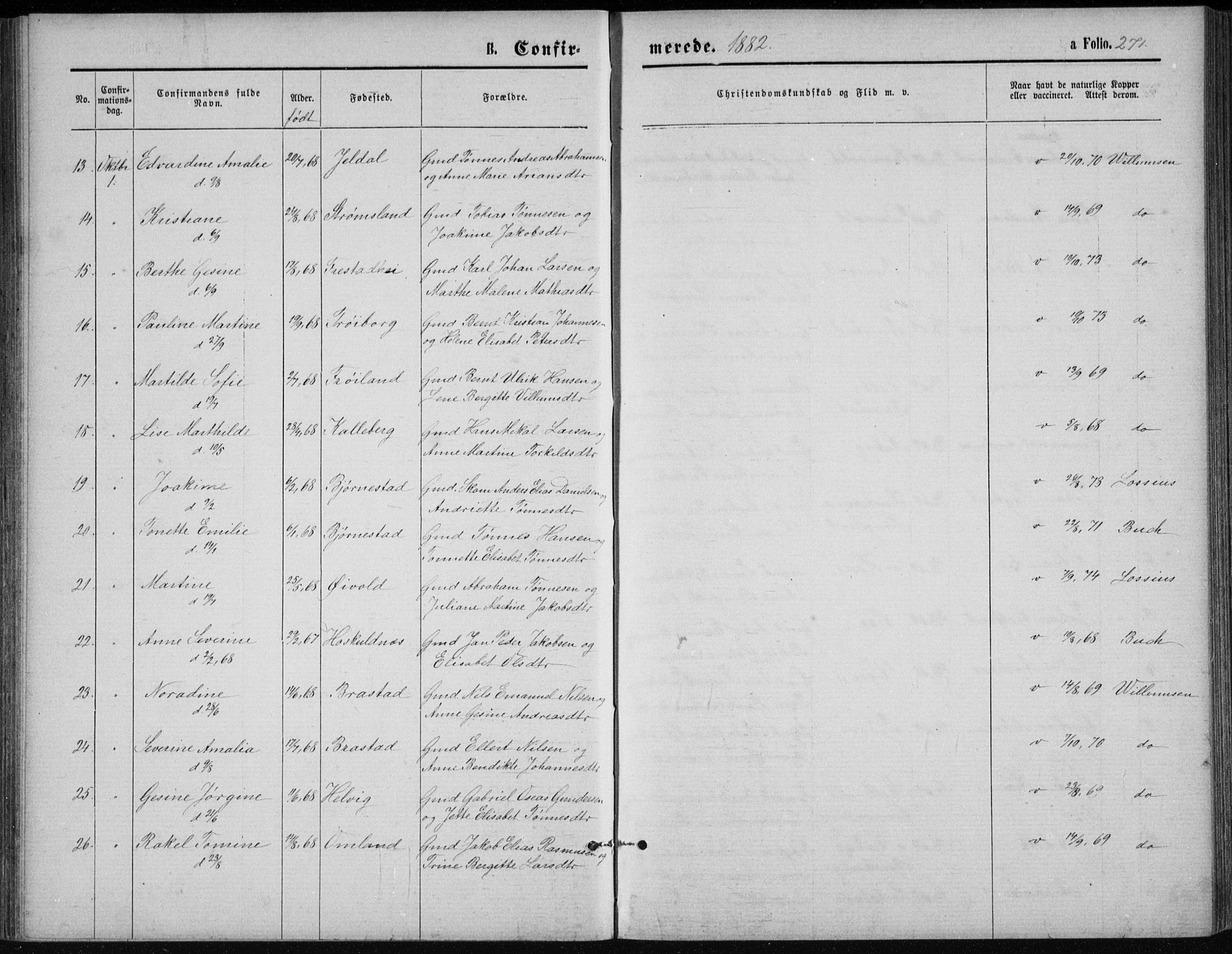 Lista sokneprestkontor, AV/SAK-1111-0027/F/Fb/L0004: Parish register (copy) no. B 4, 1877-1891, p. 271