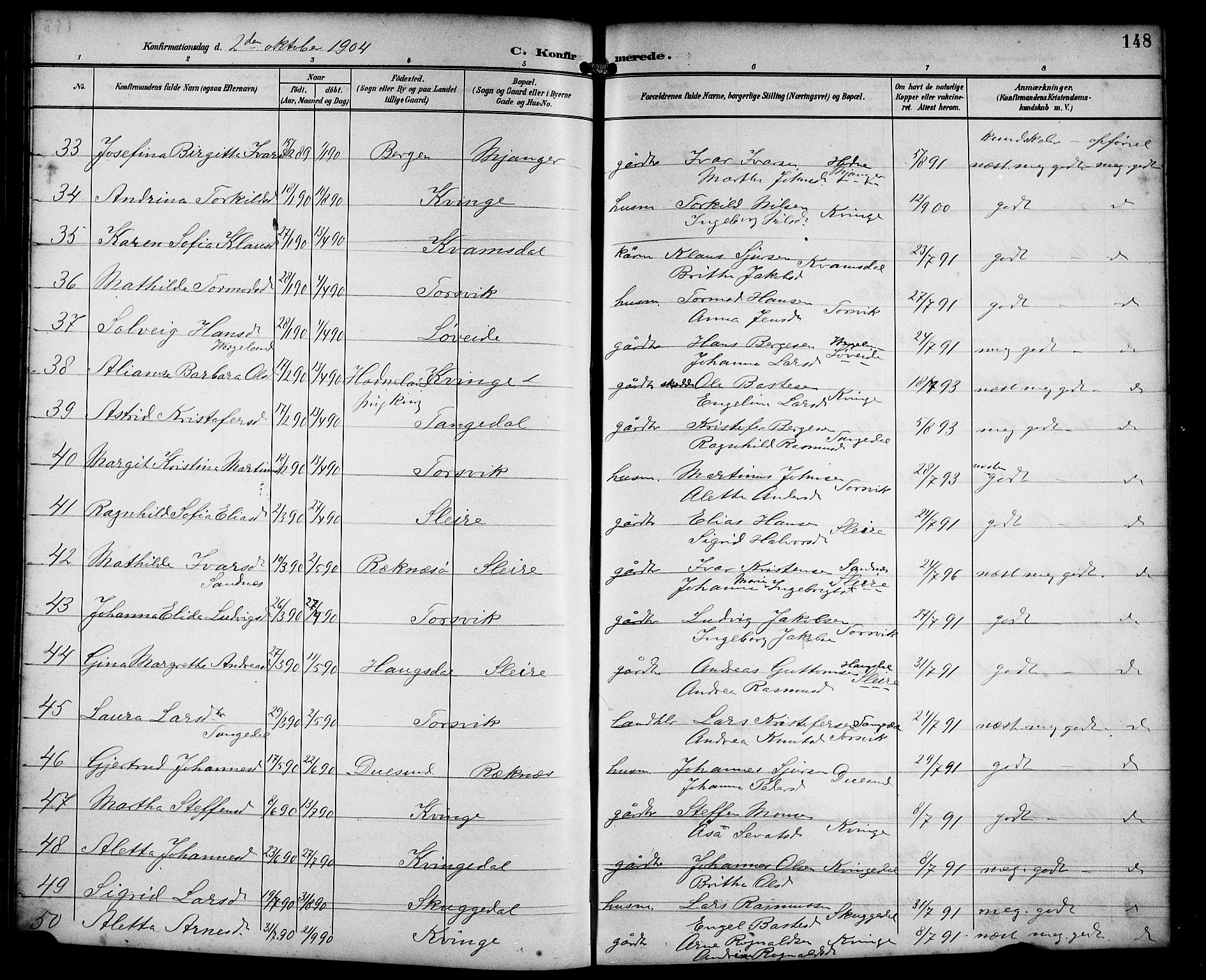 Masfjorden Sokneprestembete, AV/SAB-A-77001: Parish register (copy) no. B 1, 1892-1913, p. 148