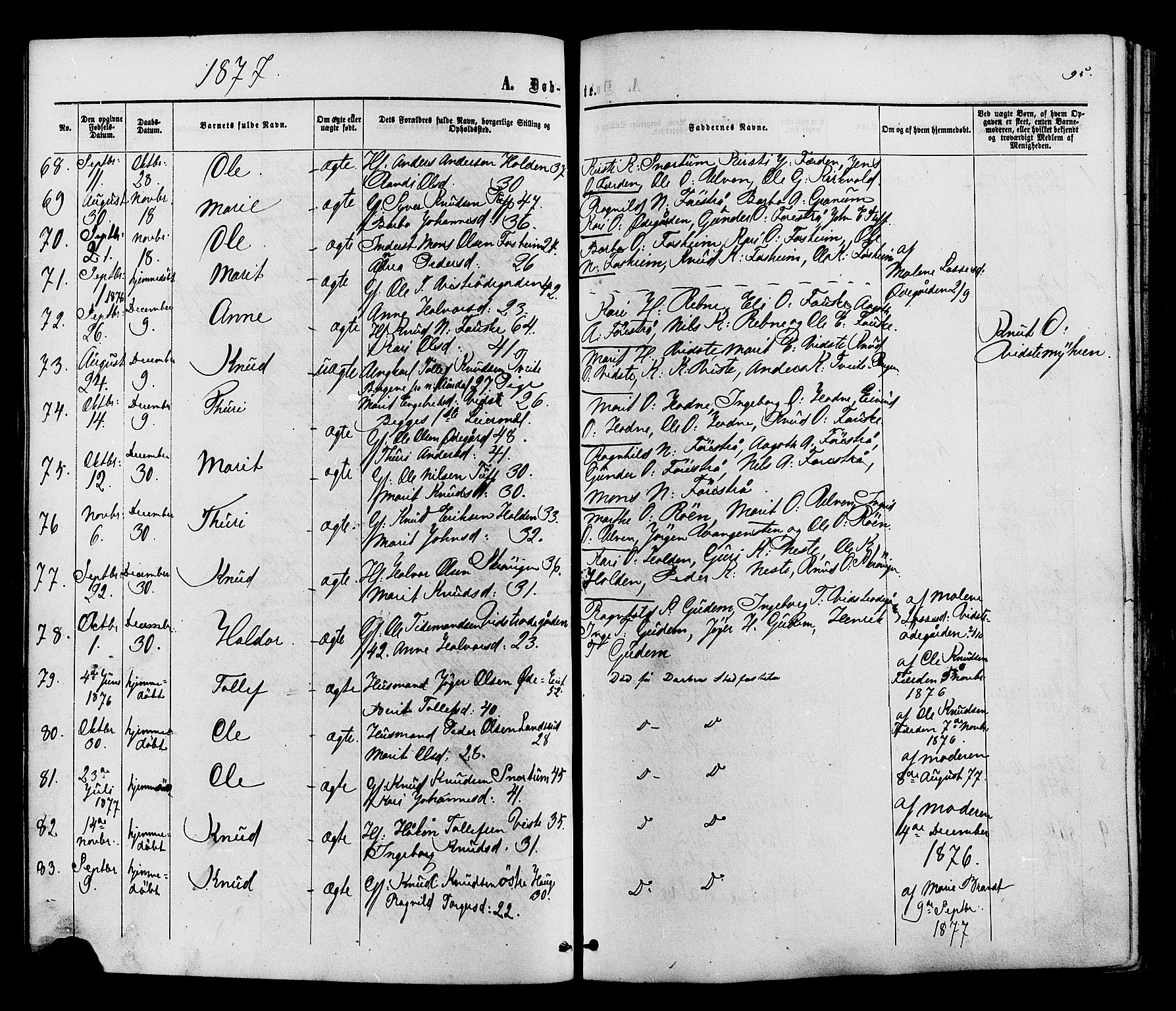 Vestre Slidre prestekontor, SAH/PREST-136/H/Ha/Haa/L0003: Parish register (official) no. 3, 1865-1880, p. 95