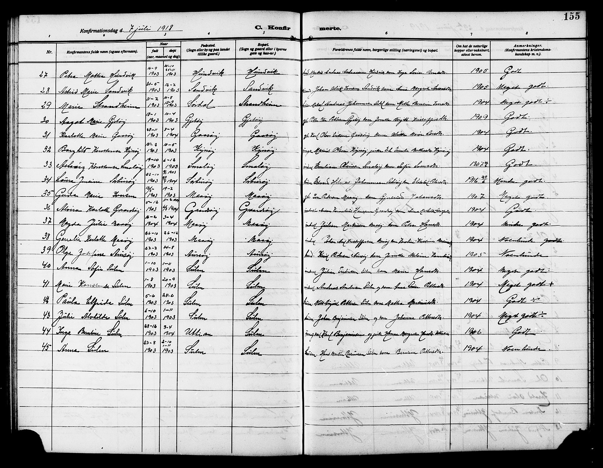 Ministerialprotokoller, klokkerbøker og fødselsregistre - Sør-Trøndelag, AV/SAT-A-1456/640/L0588: Parish register (copy) no. 640C05, 1909-1922, p. 155