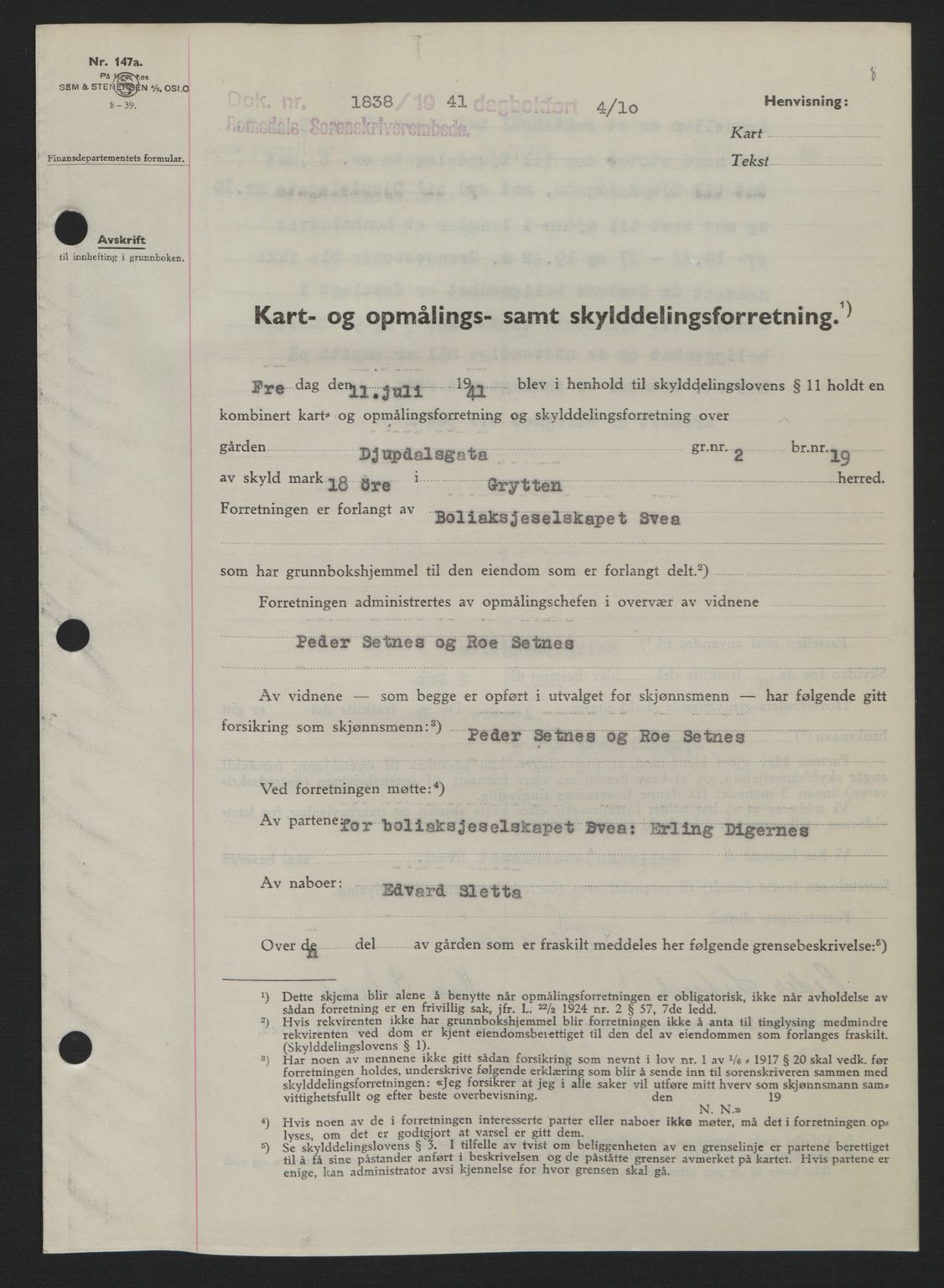 Romsdal sorenskriveri, AV/SAT-A-4149/1/2/2C: Mortgage book no. A11, 1941-1942, Diary no: : 1838/1941