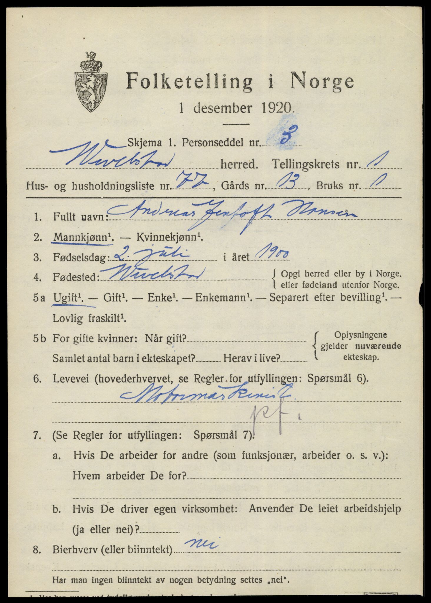 SAT, 1920 census for Vevelstad, 1920, p. 1398