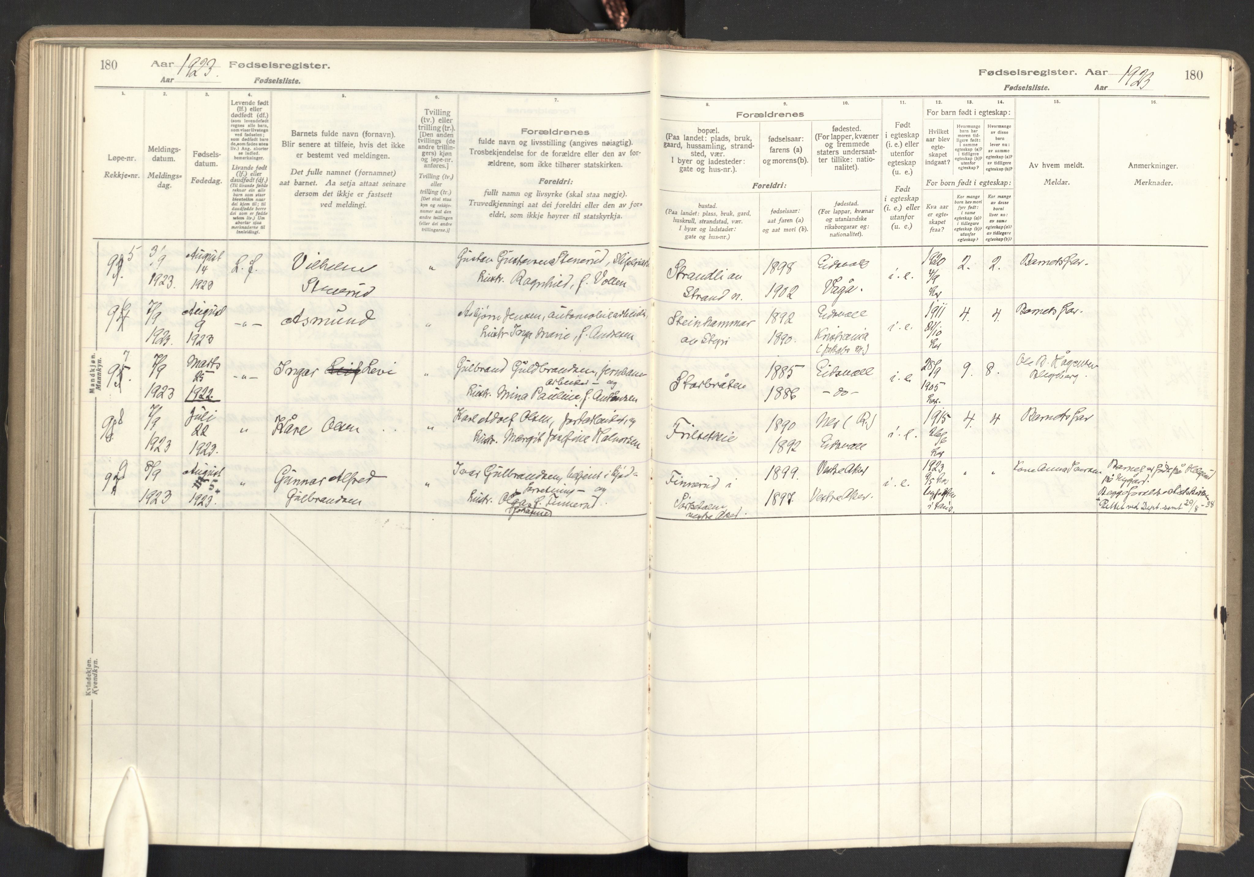 Eidsvoll prestekontor Kirkebøker, AV/SAO-A-10888/J/Ja/L0001: Birth register no. I 1, 1916-1924, p. 180