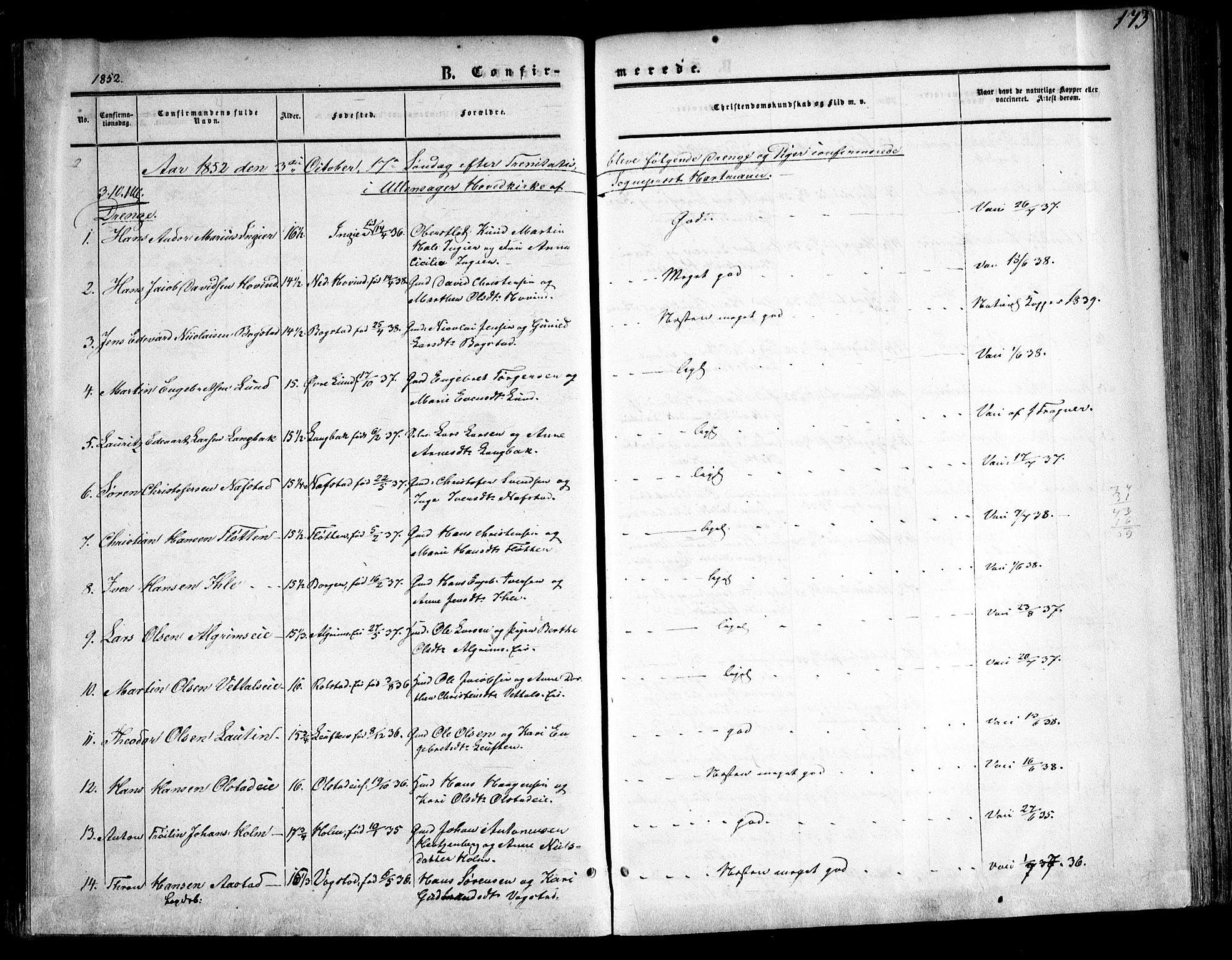 Ullensaker prestekontor Kirkebøker, SAO/A-10236a/F/Fa/L0015.a: Parish register (official) no. I 15A, 1851-1862, p. 173