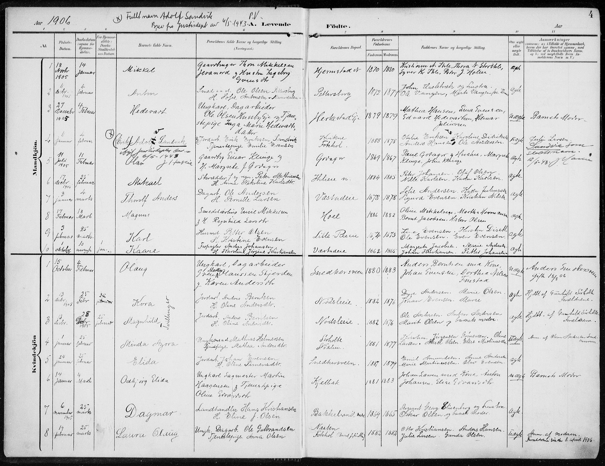 Stange prestekontor, AV/SAH-PREST-002/K/L0024: Parish register (official) no. 24, 1906-1922, p. 4