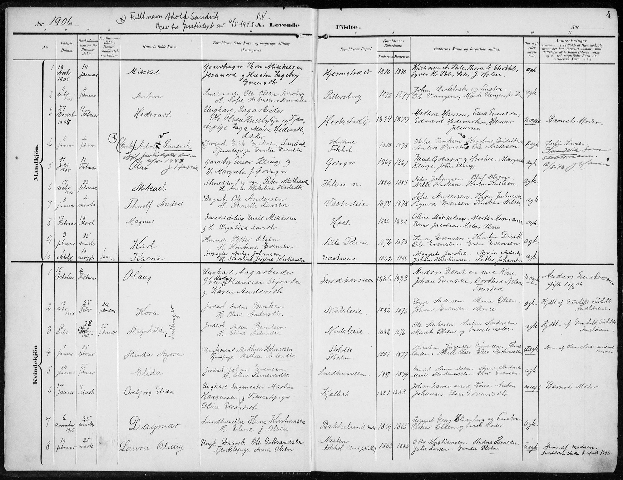 Stange prestekontor, SAH/PREST-002/K/L0024: Parish register (official) no. 24, 1906-1922, p. 4