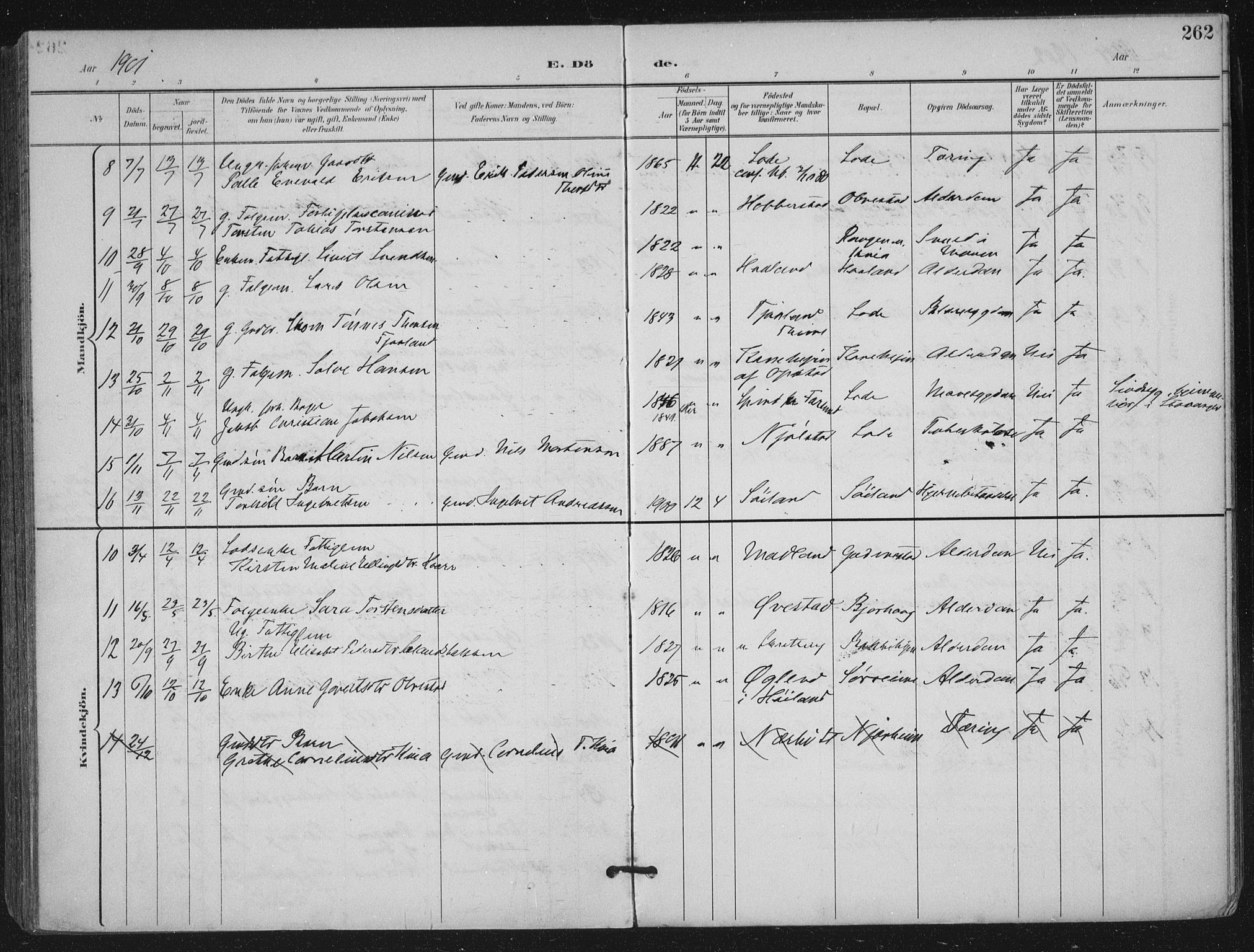 Hå sokneprestkontor, SAST/A-101801/002/B/L0001: Parish register (official) no. A 11, 1897-1924, p. 262