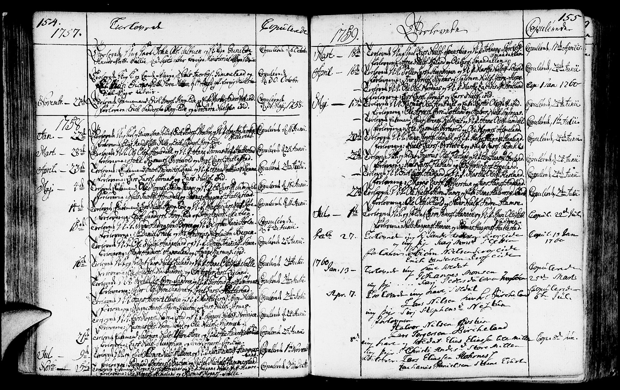 Fana Sokneprestembete, SAB/A-75101/H/Haa/Haaa/L0004: Parish register (official) no. A 4, 1757-1774, p. 154-155