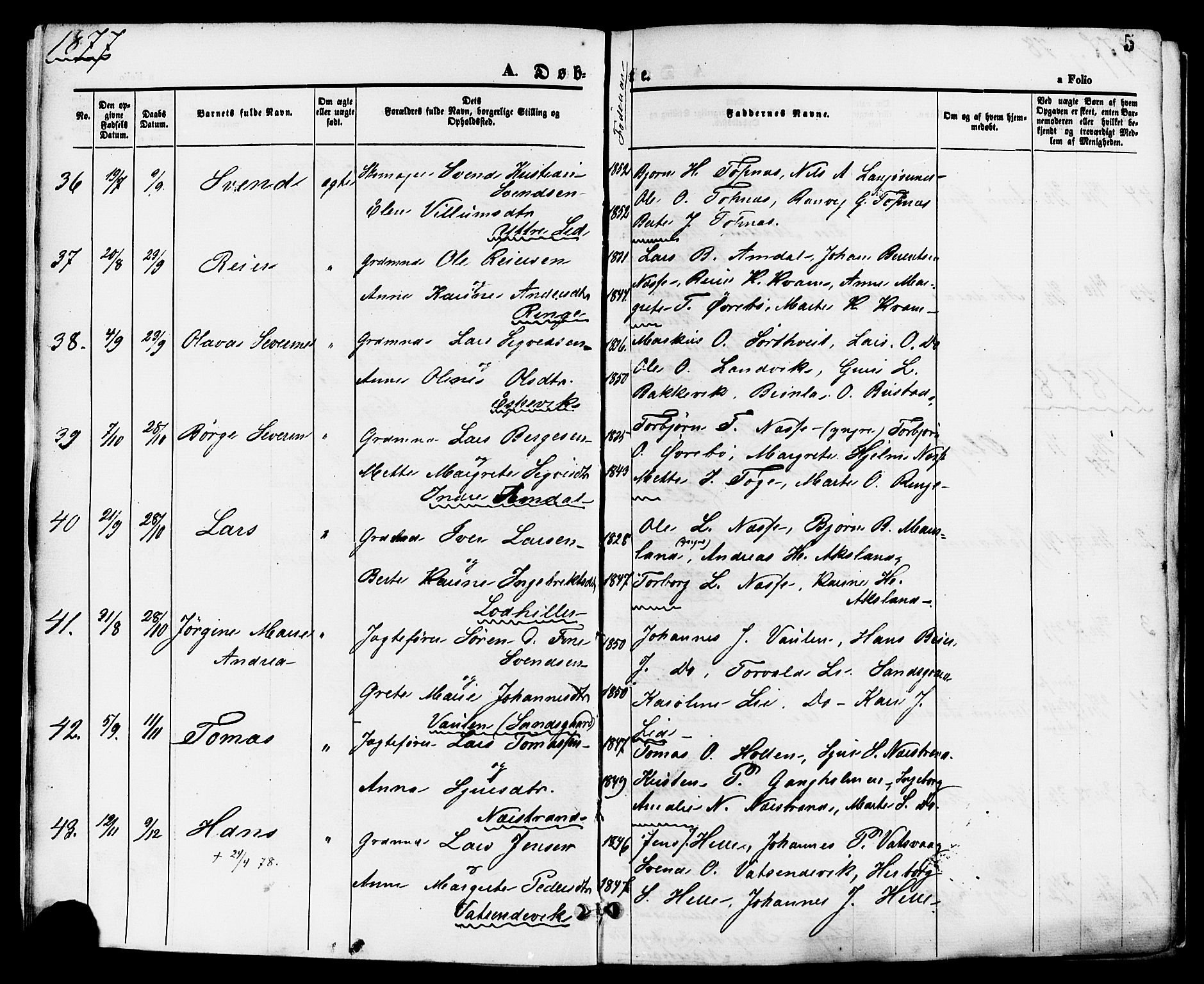 Nedstrand sokneprestkontor, SAST/A-101841/01/IV: Parish register (official) no. A 11, 1877-1887, p. 5