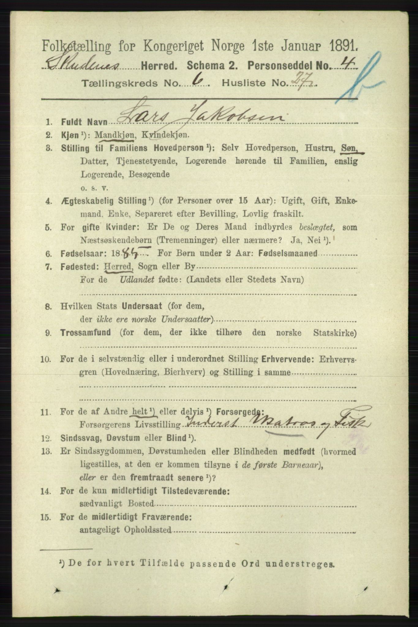 RA, 1891 census for 1150 Skudenes, 1891, p. 5722