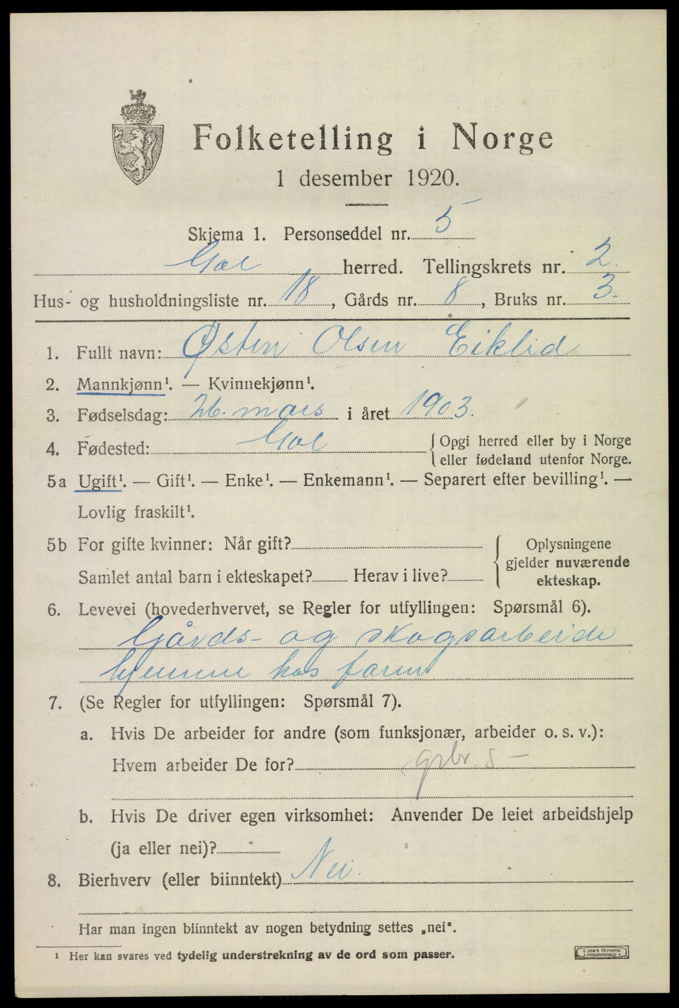 SAKO, 1920 census for Gol, 1920, p. 1476