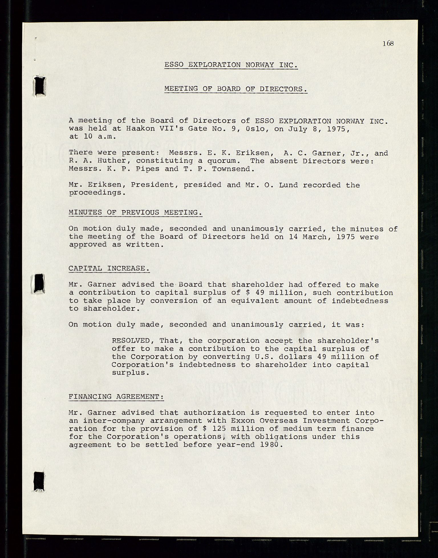 Pa 1512 - Esso Exploration and Production Norway Inc., AV/SAST-A-101917/A/Aa/L0001/0001: Styredokumenter / Corporate records, By-Laws, Board meeting minutes, Incorporations, 1965-1975, p. 168