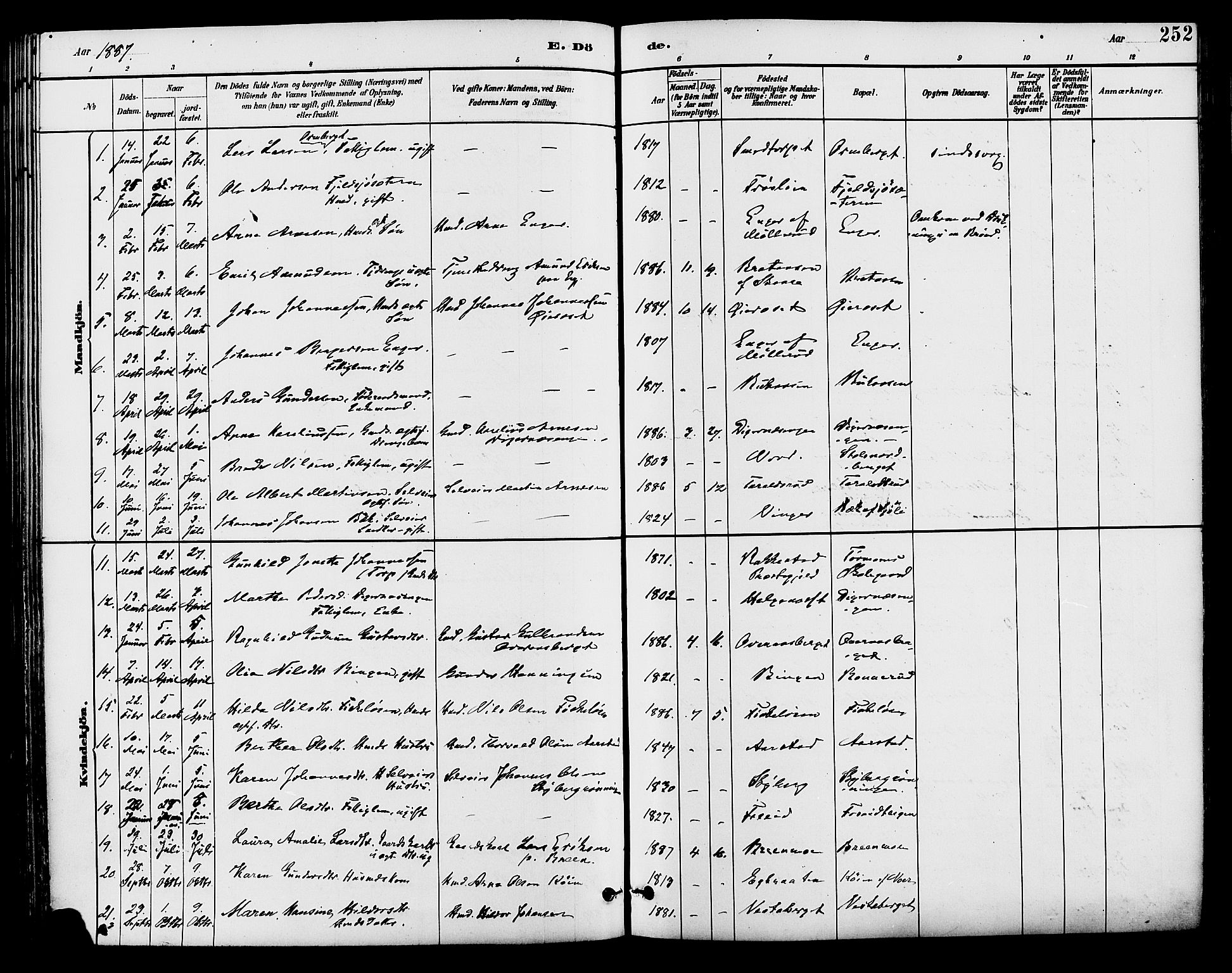 Brandval prestekontor, SAH/PREST-034/H/Ha/Haa/L0002: Parish register (official) no. 2, 1880-1894, p. 252