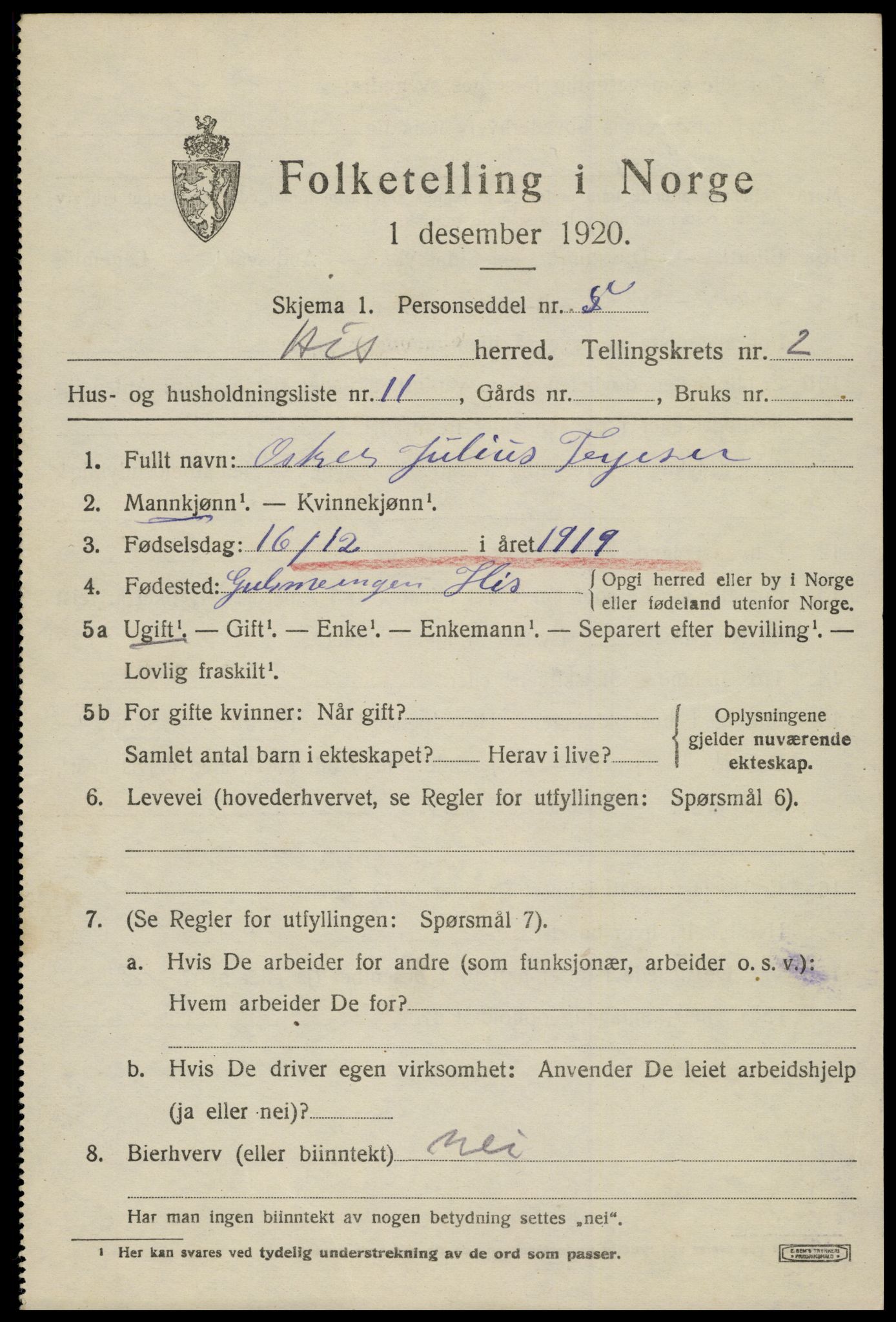 SAK, 1920 census for Hisøy, 1920, p. 2522