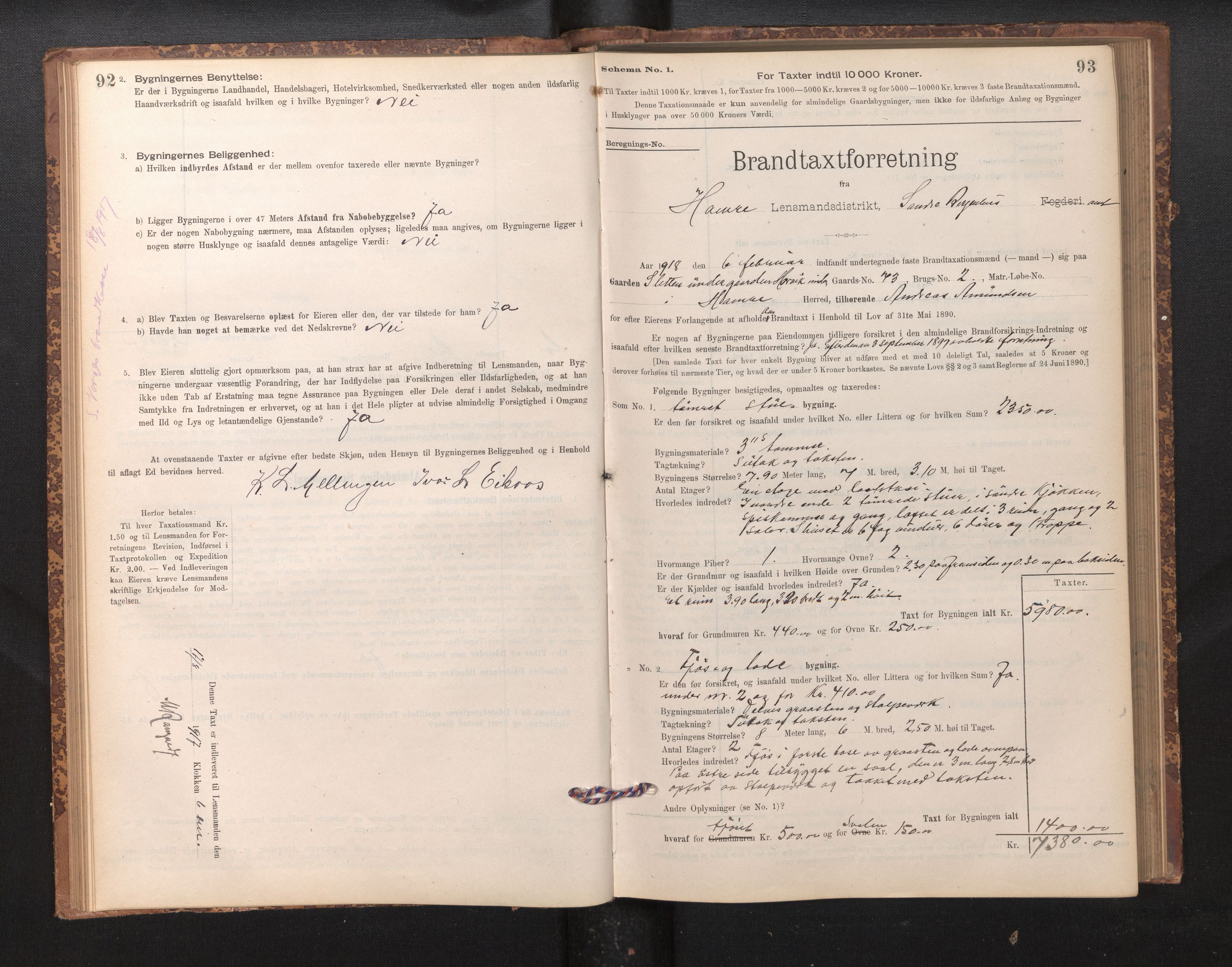 Lensmannen i Hamre, SAB/A-32601/0012/L0004: Branntakstprotokoll, skjematakst, 1895-1920, p. 92-93