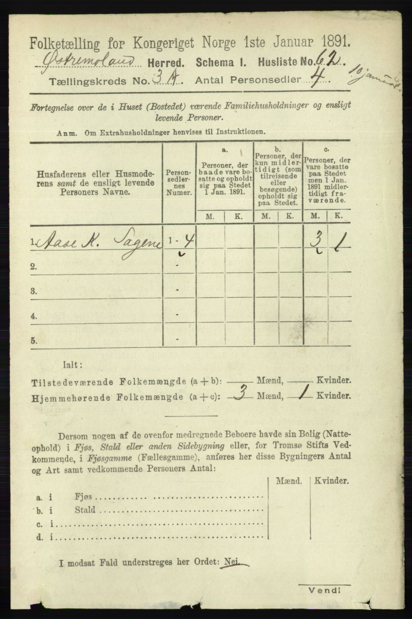 RA, 1891 census for 0918 Austre Moland, 1891, p. 1354