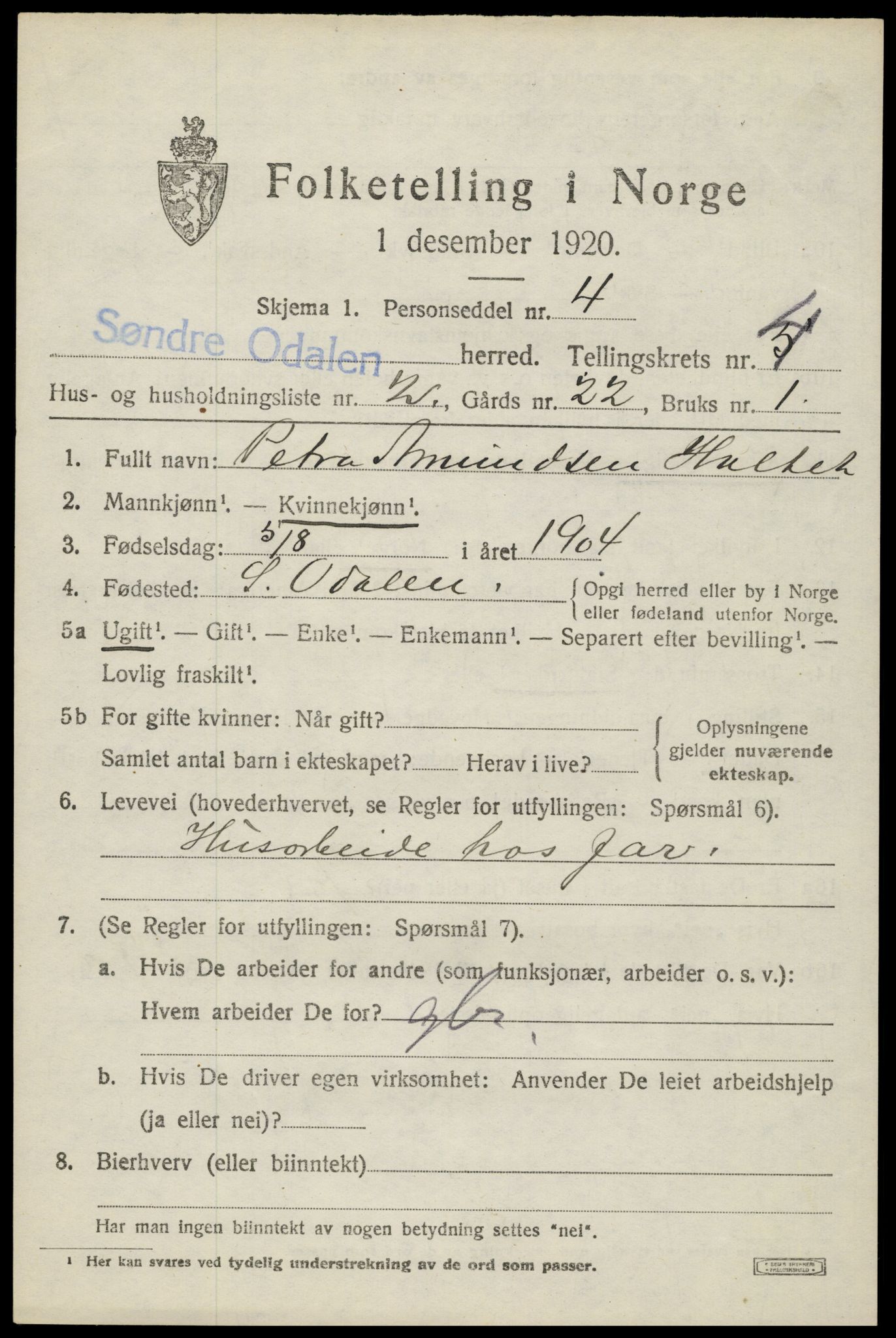 SAH, 1920 census for Sør-Odal, 1920, p. 5031