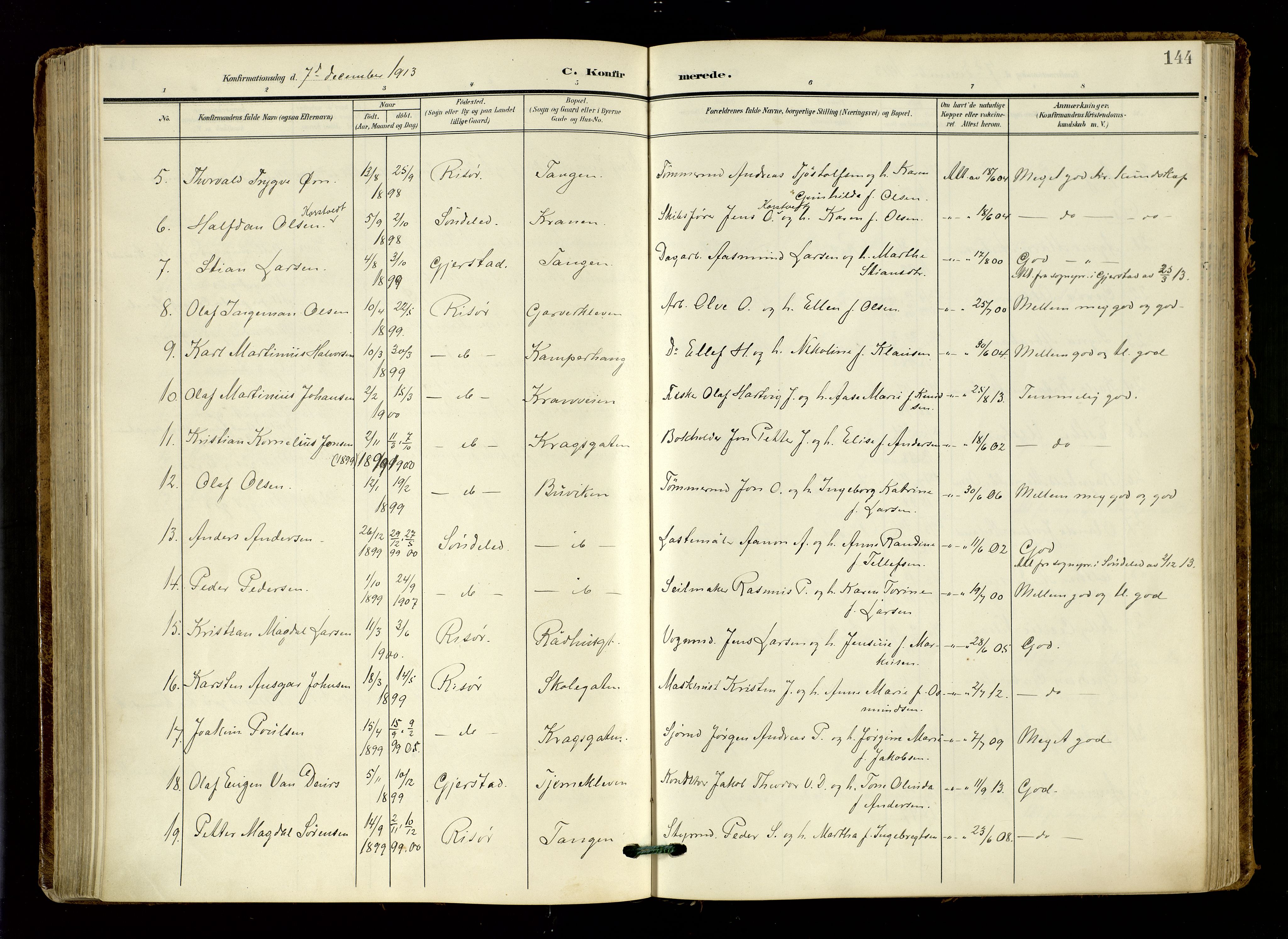 Risør sokneprestkontor, AV/SAK-1111-0035/F/Fa/L0011: Parish register (official) no. A 11, 1907-1920, p. 144