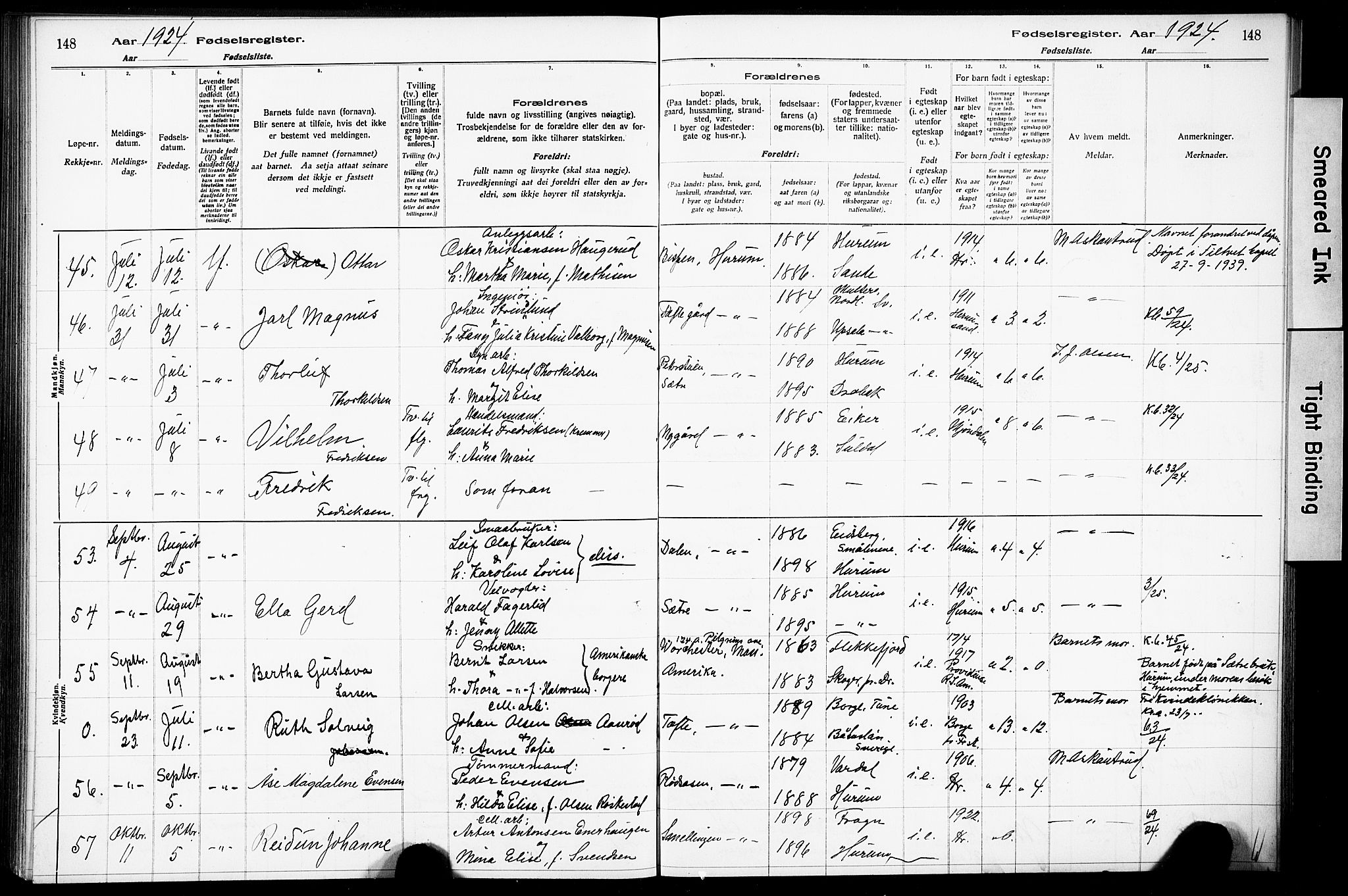 Hurum kirkebøker, AV/SAKO-A-229/J/Ja/L0001: Birth register no. 1, 1916-1928, p. 148