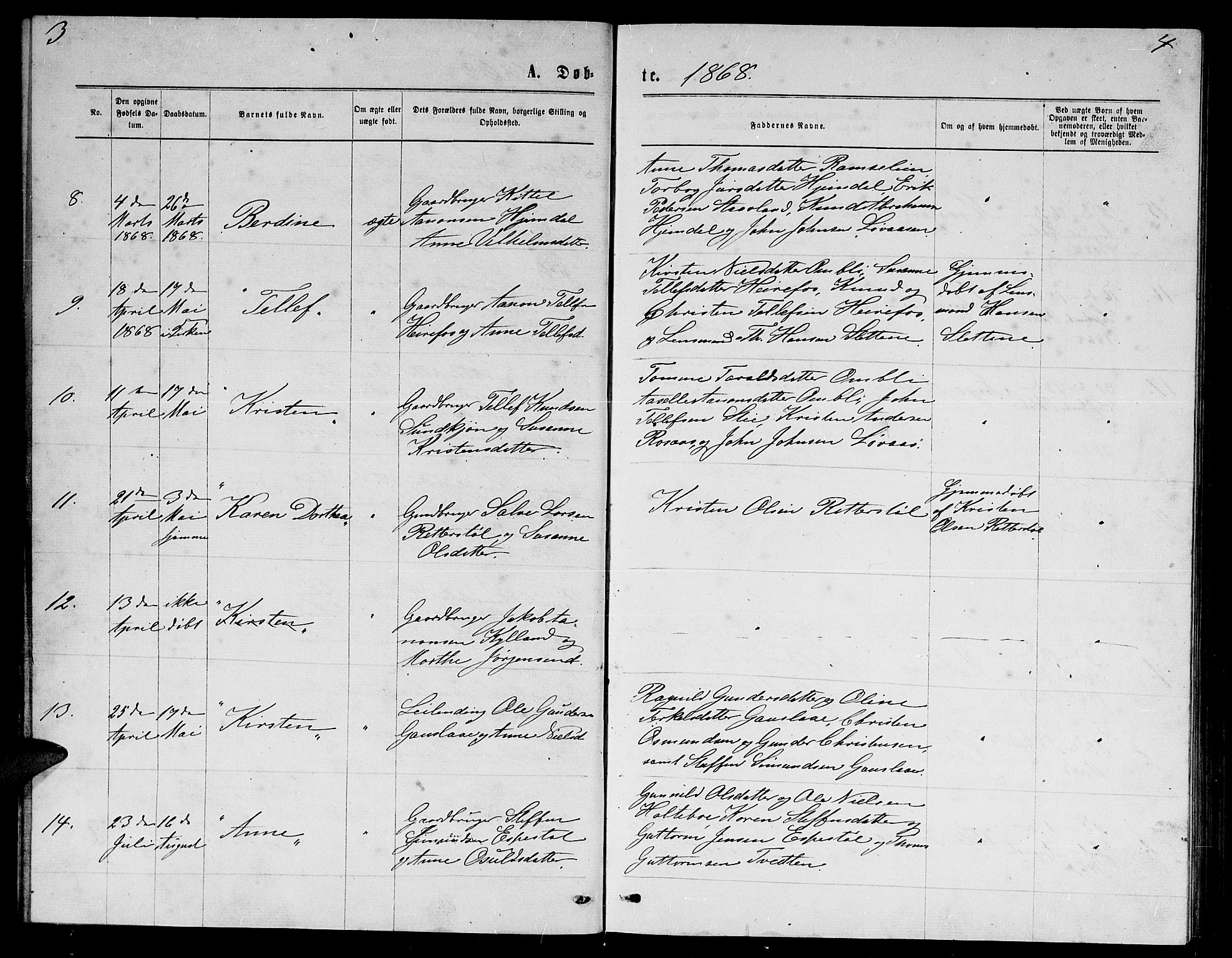 Herefoss sokneprestkontor, SAK/1111-0019/F/Fb/Fba/L0002: Parish register (copy) no. B 2, 1868-1886, p. 3-4