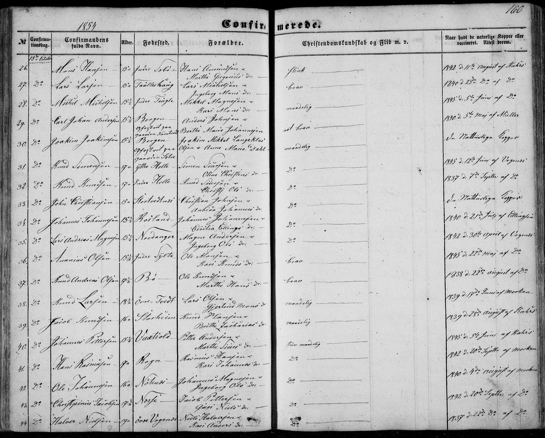 Manger sokneprestembete, SAB/A-76801/H/Haa: Parish register (official) no. A 6, 1849-1859, p. 160