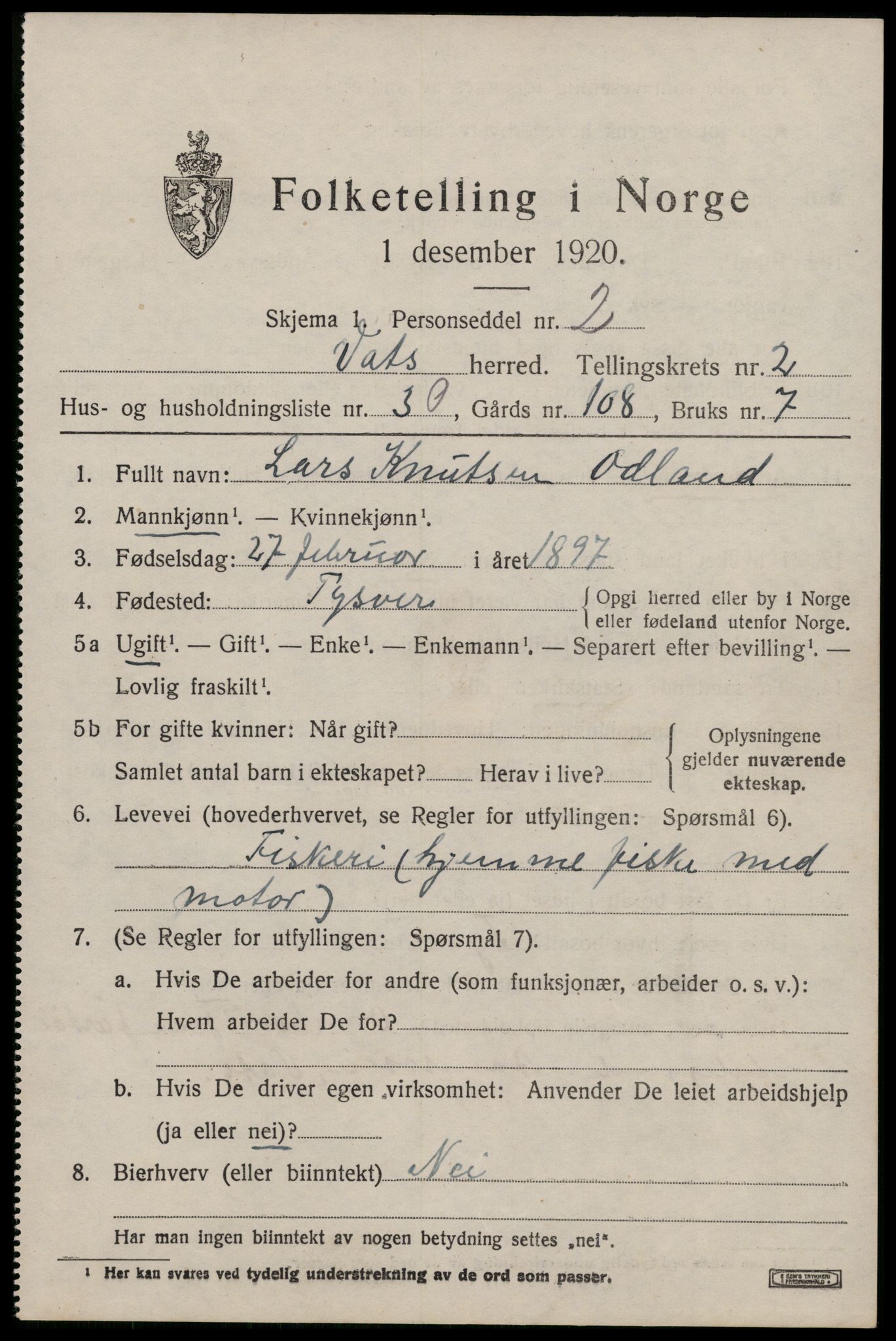 SAST, 1920 census for Vats, 1920, p. 1079