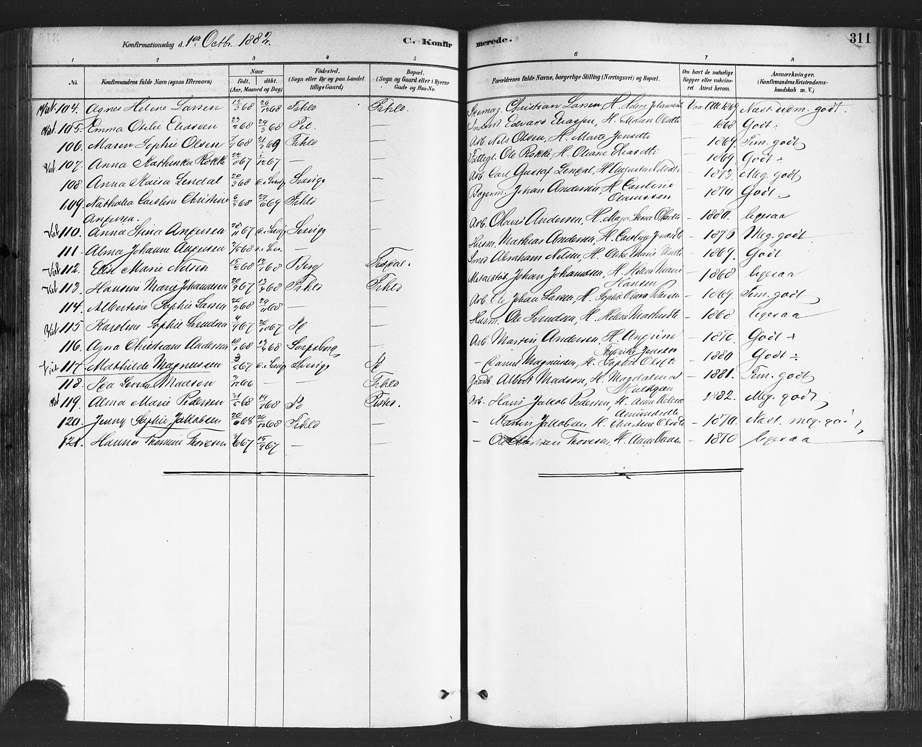 Halden prestekontor Kirkebøker, AV/SAO-A-10909/F/Fa/L0011: Parish register (official) no. I 11, 1878-1889, p. 311