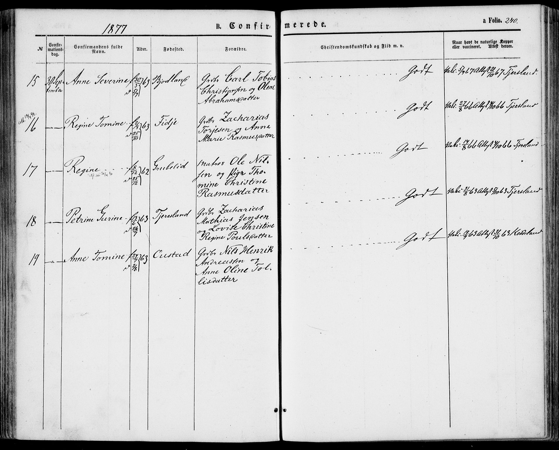 Lyngdal sokneprestkontor, SAK/1111-0029/F/Fa/Fac/L0010: Parish register (official) no. A 10, 1865-1878, p. 240